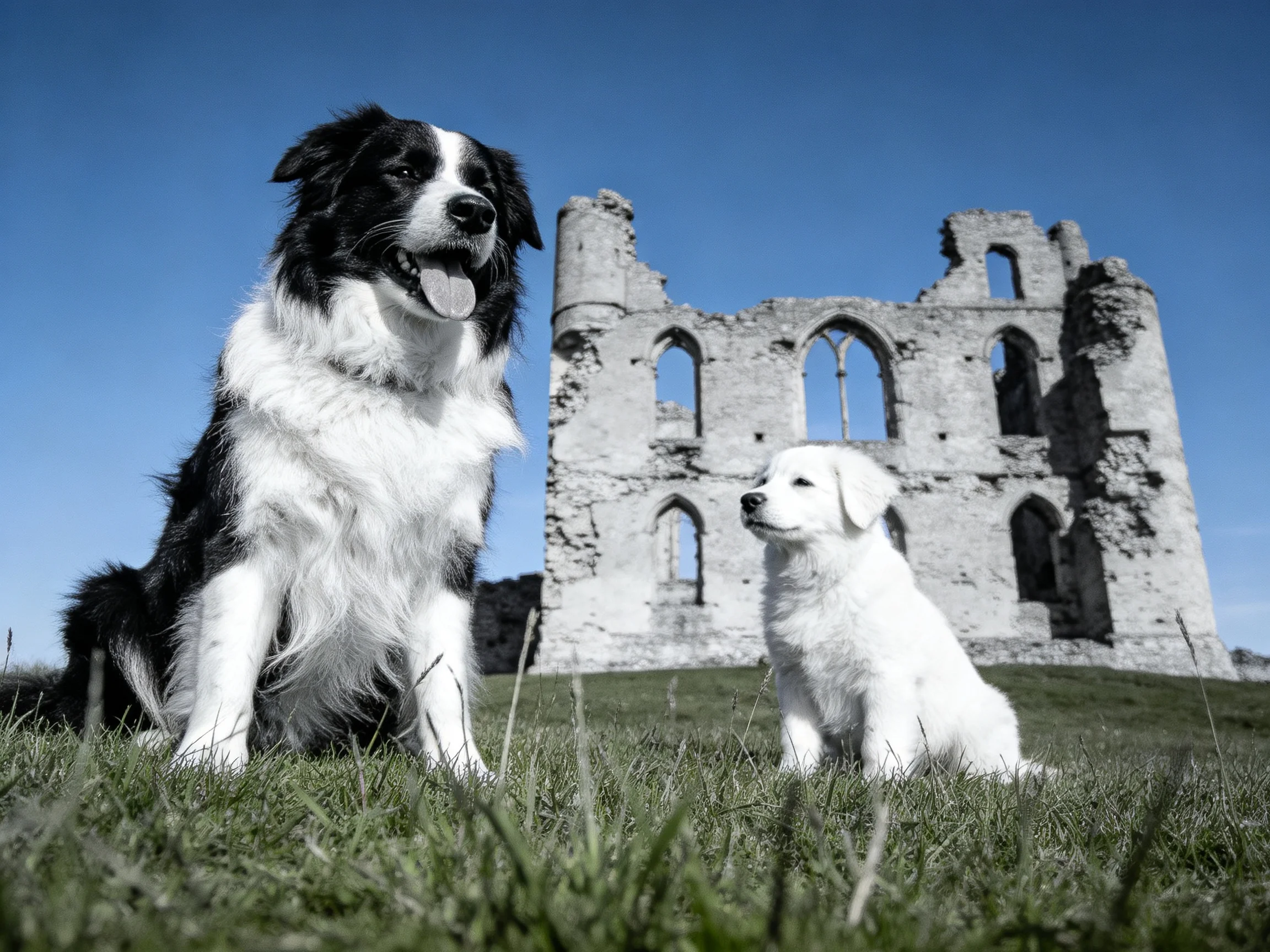 Two dogs sit on grass near ancient stone ruins under clear blue sky