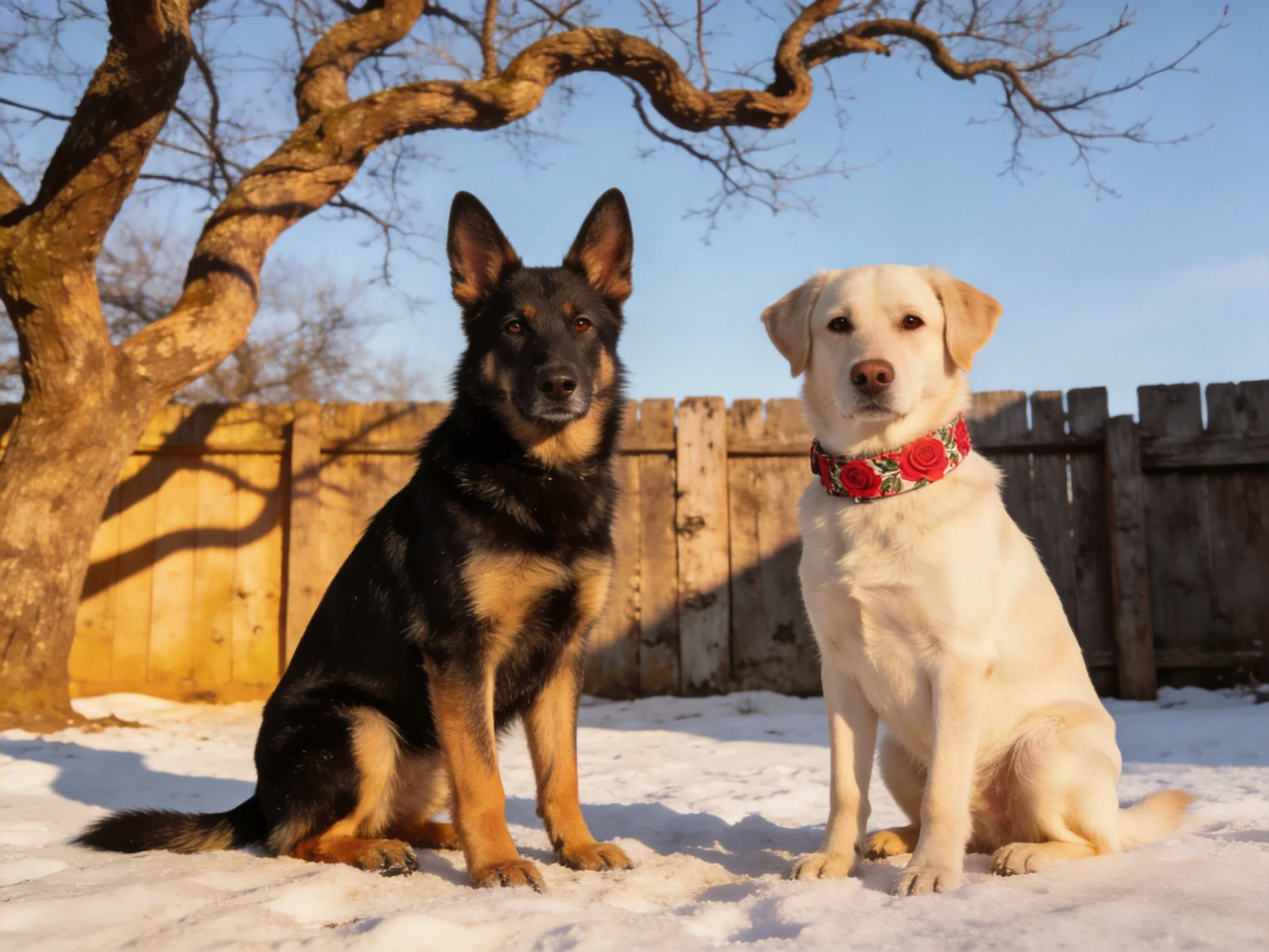 Two dogs sit calmly on snow in front of a wooden fence.