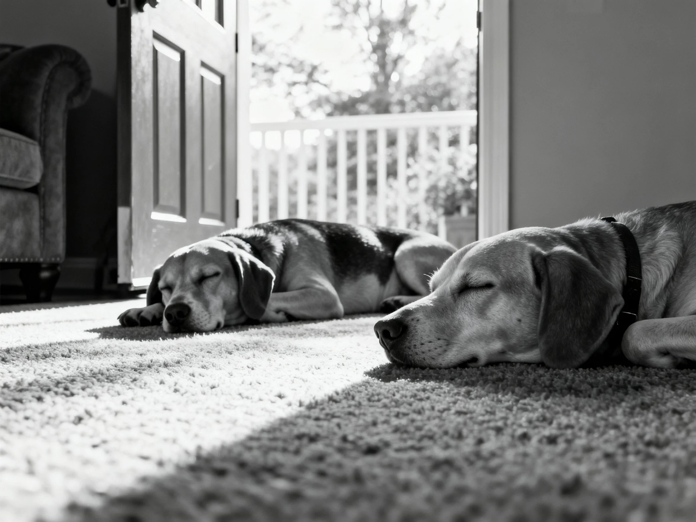 Two dogs sleep on a carpet near an open doorway with natural light