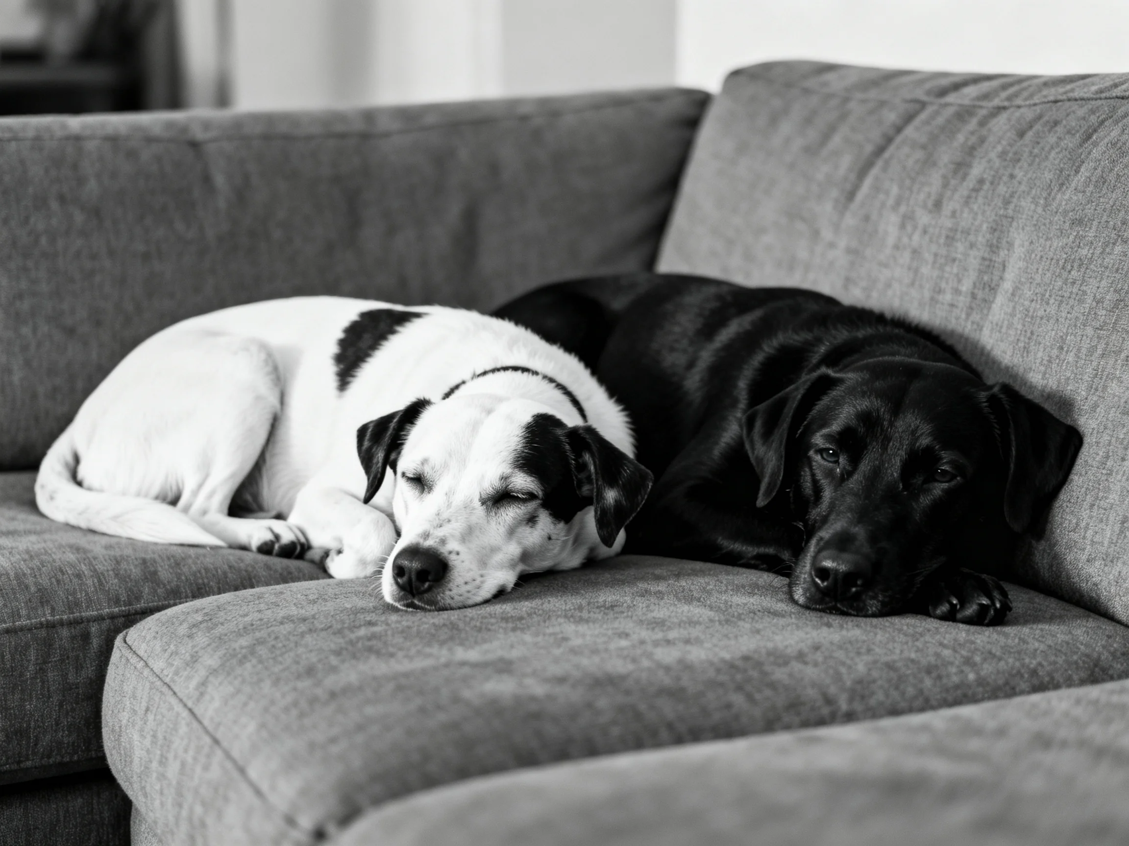 Two dogs sleeping on a gray couch in black and white