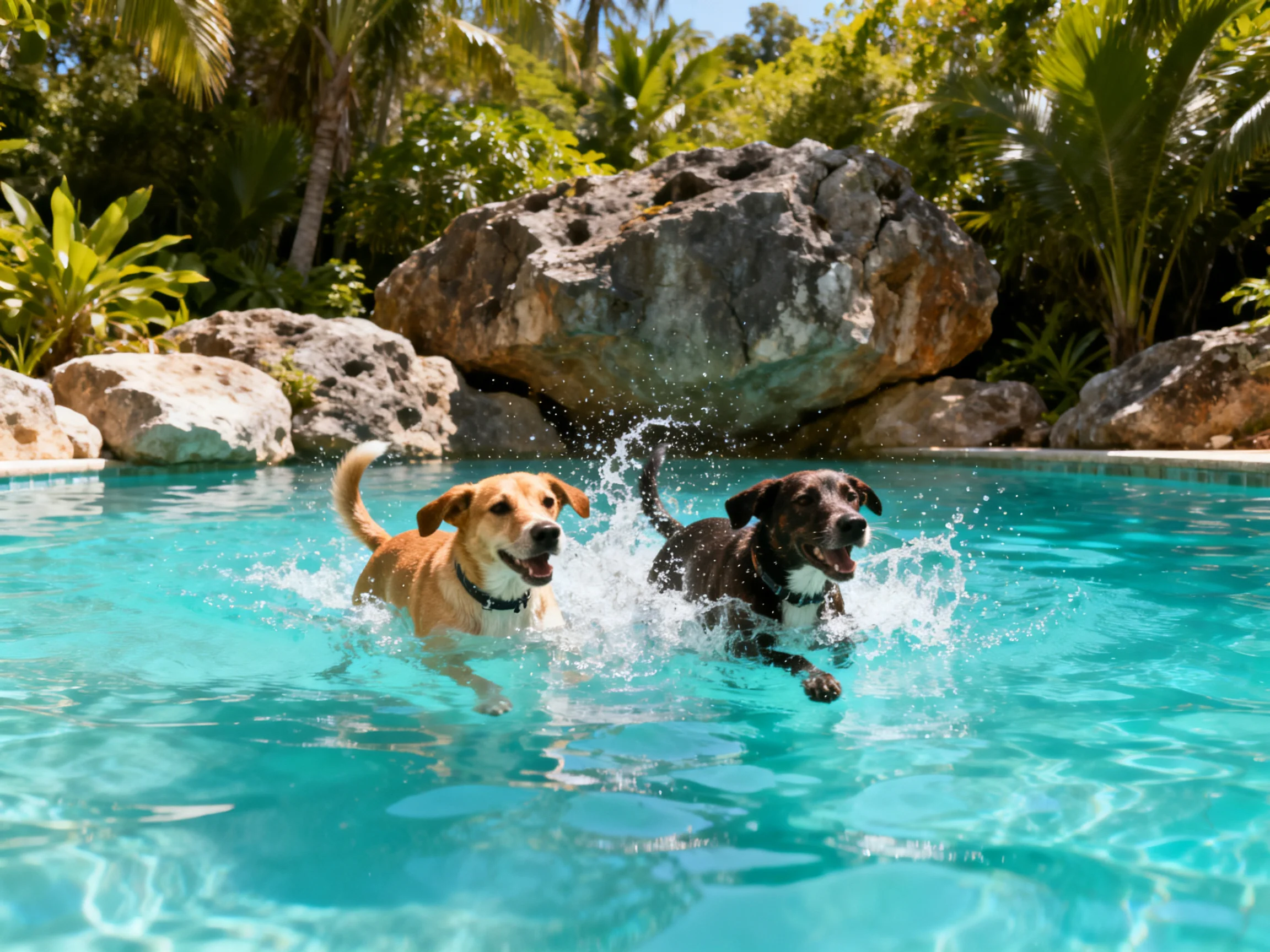 Two dogs splash in a turquoise pool near large rocks
