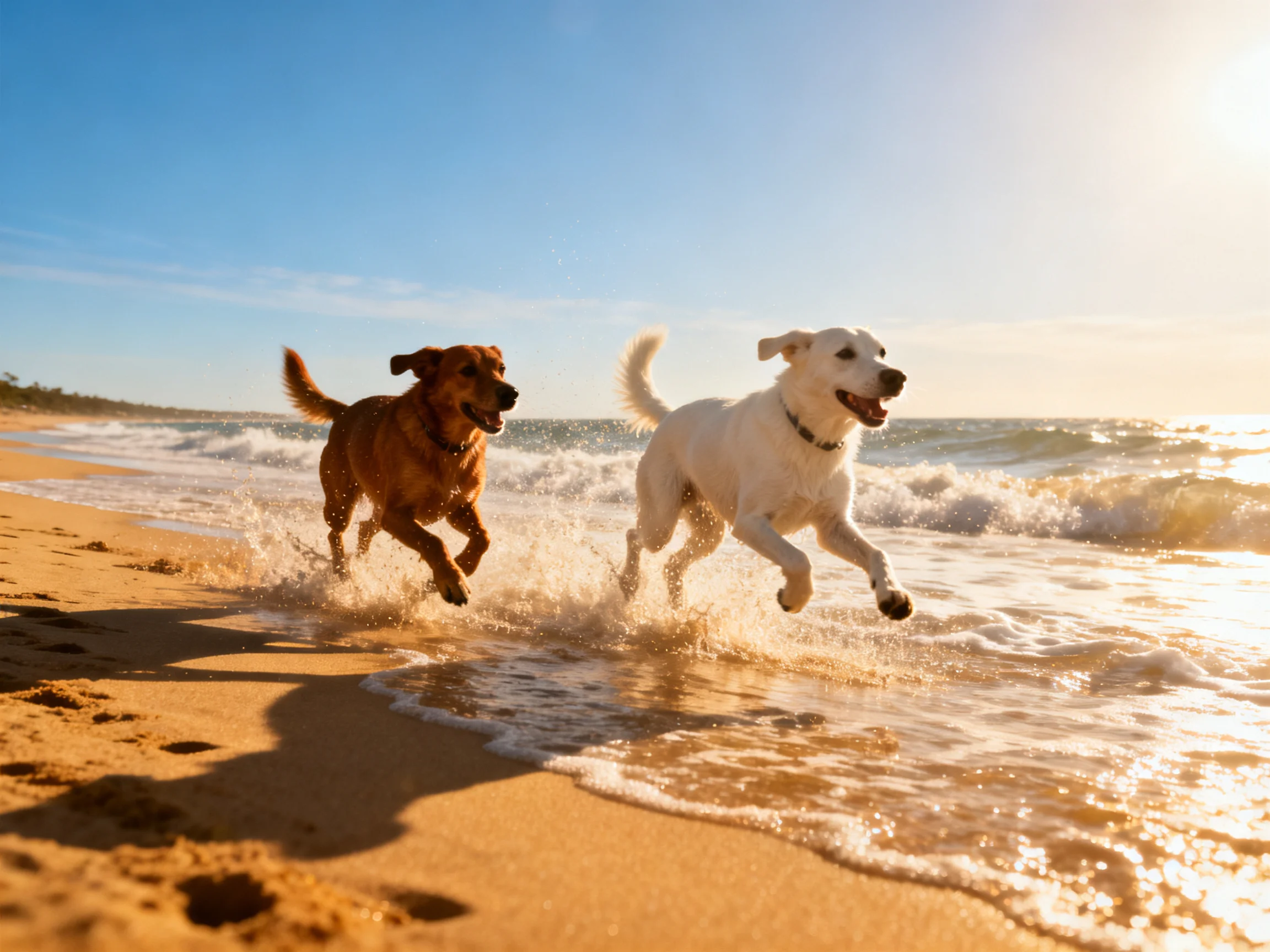 Two dogs sprint across golden sand near ocean waves