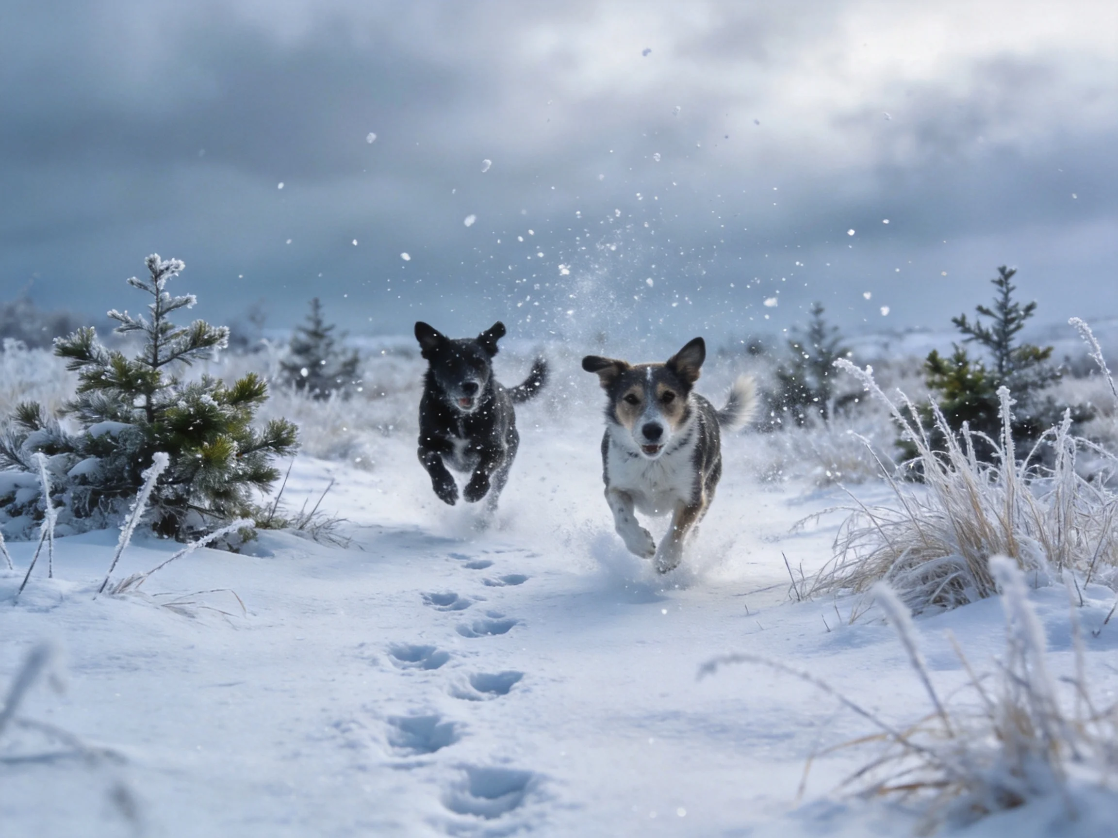 Two dogs sprint through a snow-dusted winter landscape