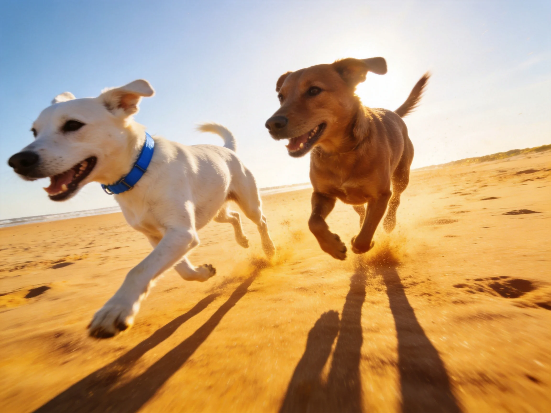 Two dogs sprinting on golden sandy beach with blue collar