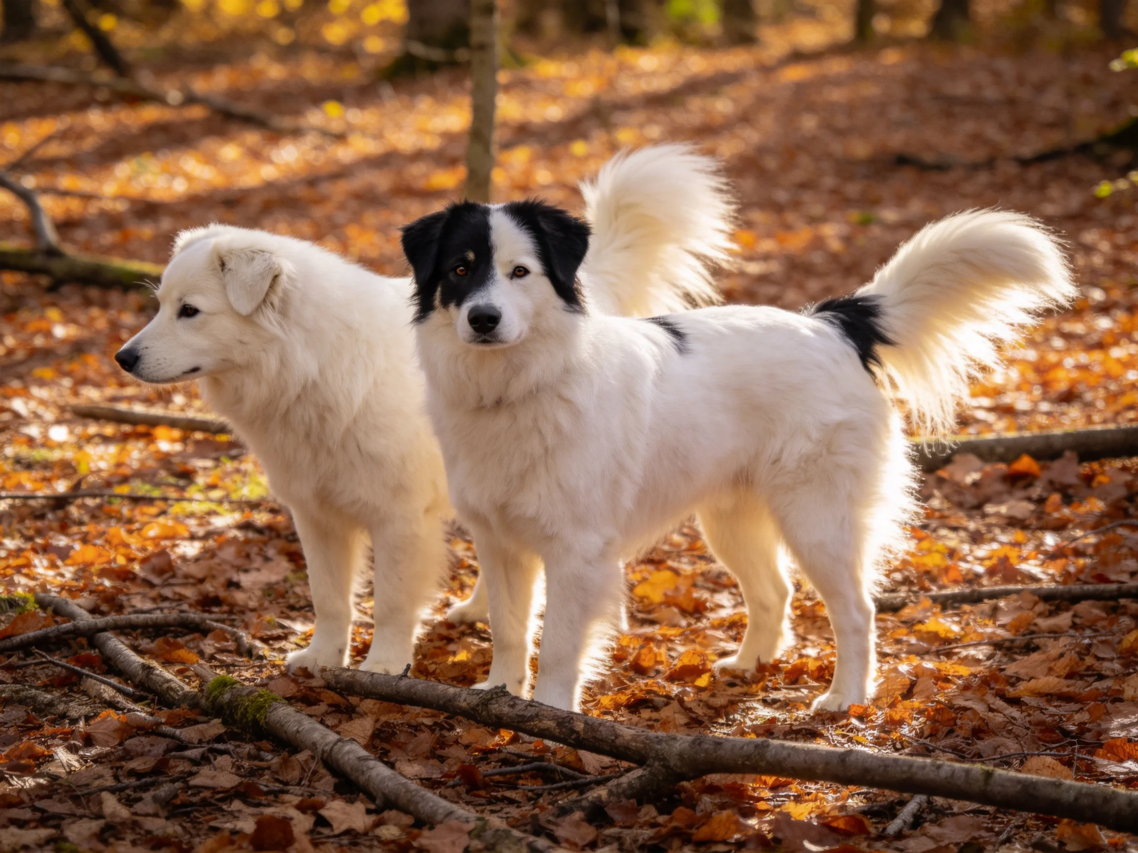 Two dogs stand amid fallen autumn leaves in a sun-dappled forest