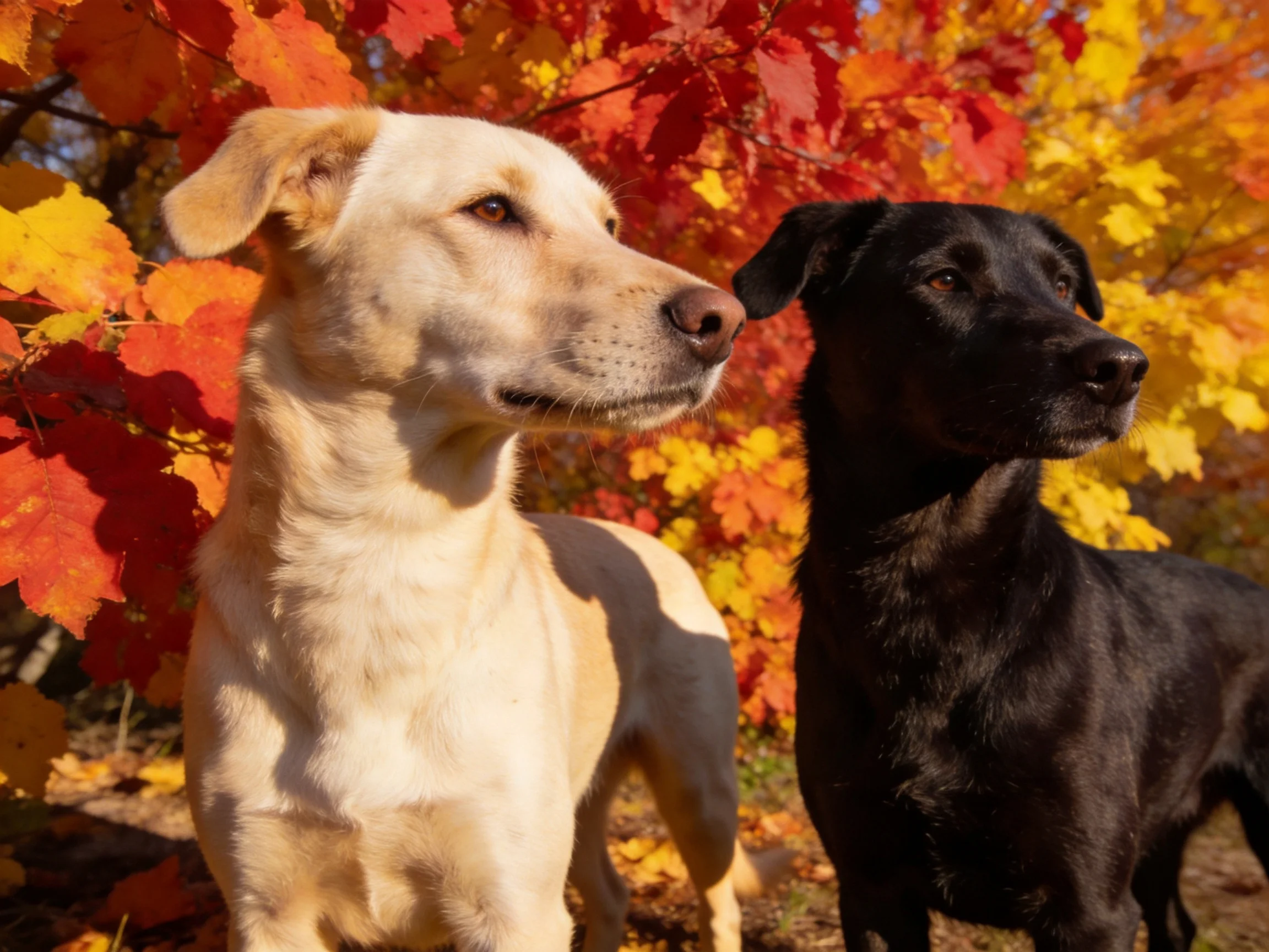Two dogs gaze toward something off-camera amid colorful fall leaves
