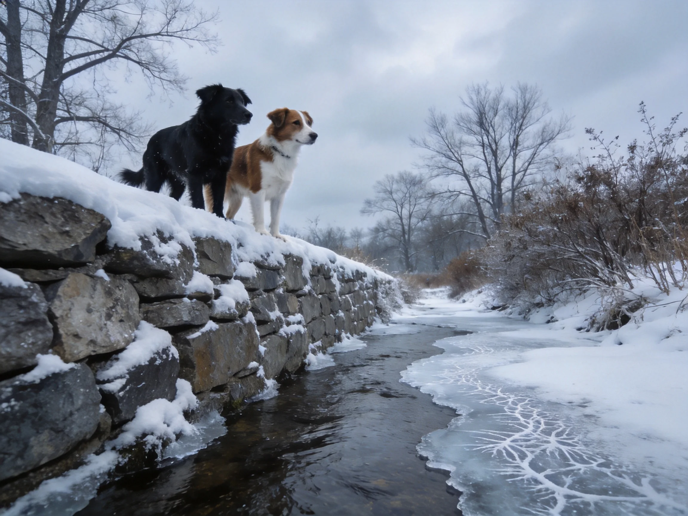 Two dogs stand on a snow-laden stone wall beside an icy stream