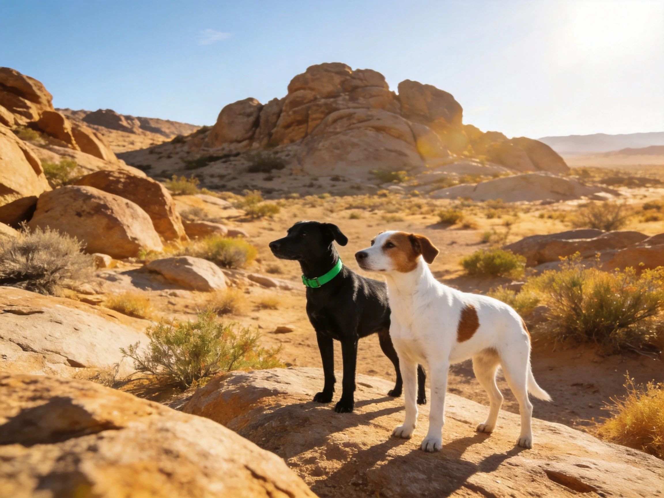 Two dogs stand on rocks, observing the desert landscape.