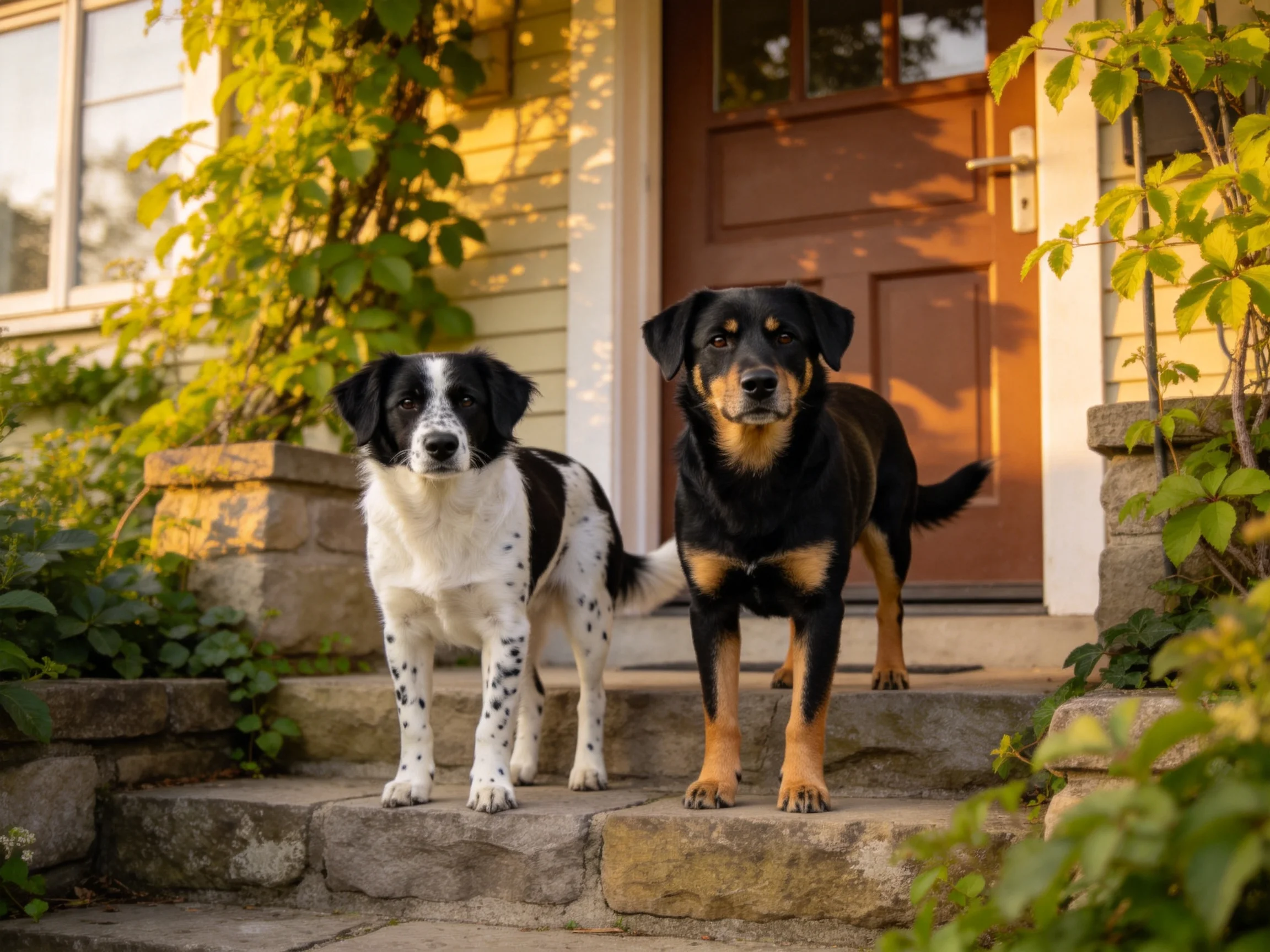 Two dogs stand on stone steps before a yellow house with brown door