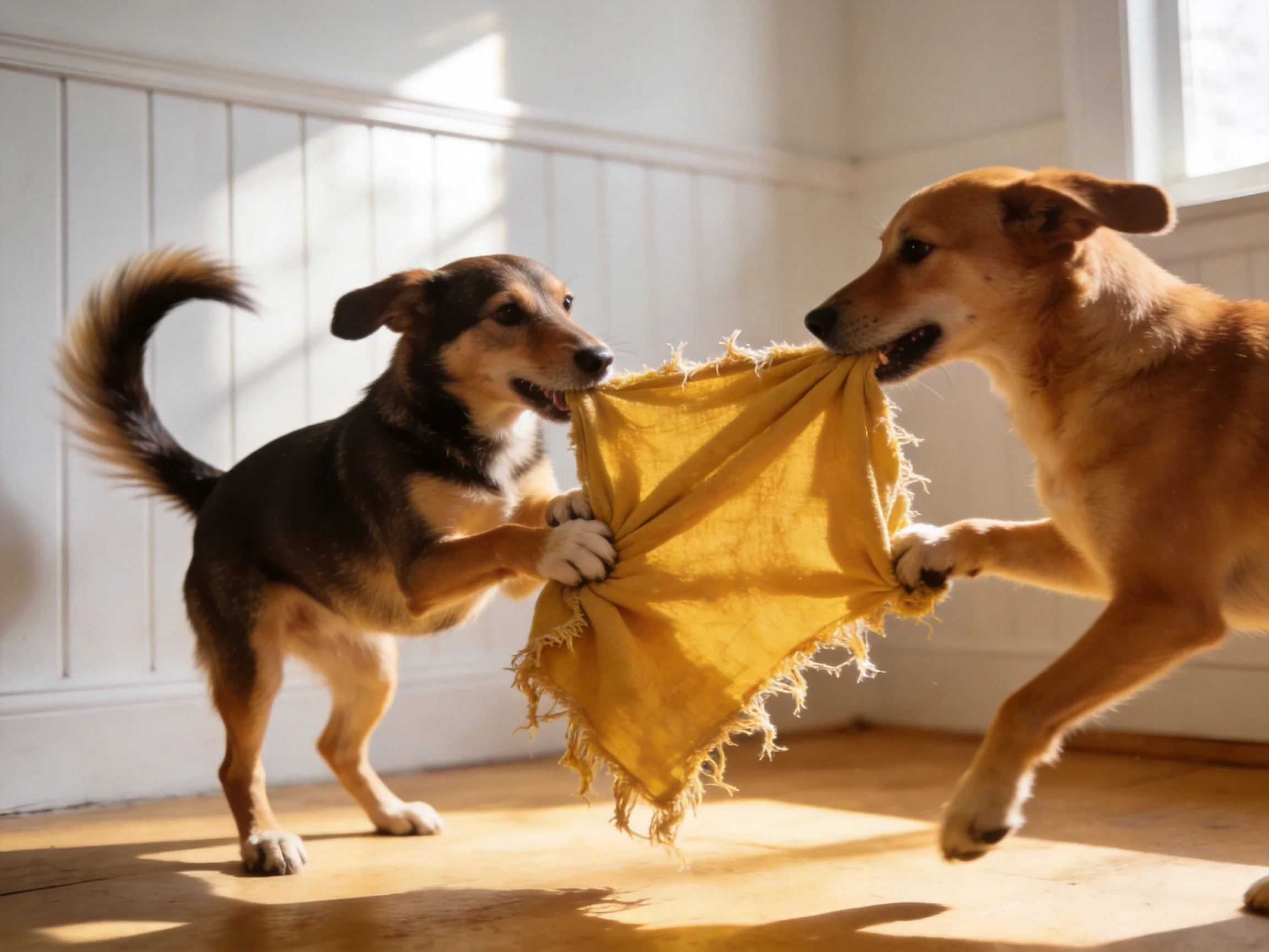 Two dogs tugging a frayed yellow cloth in a sunlit room