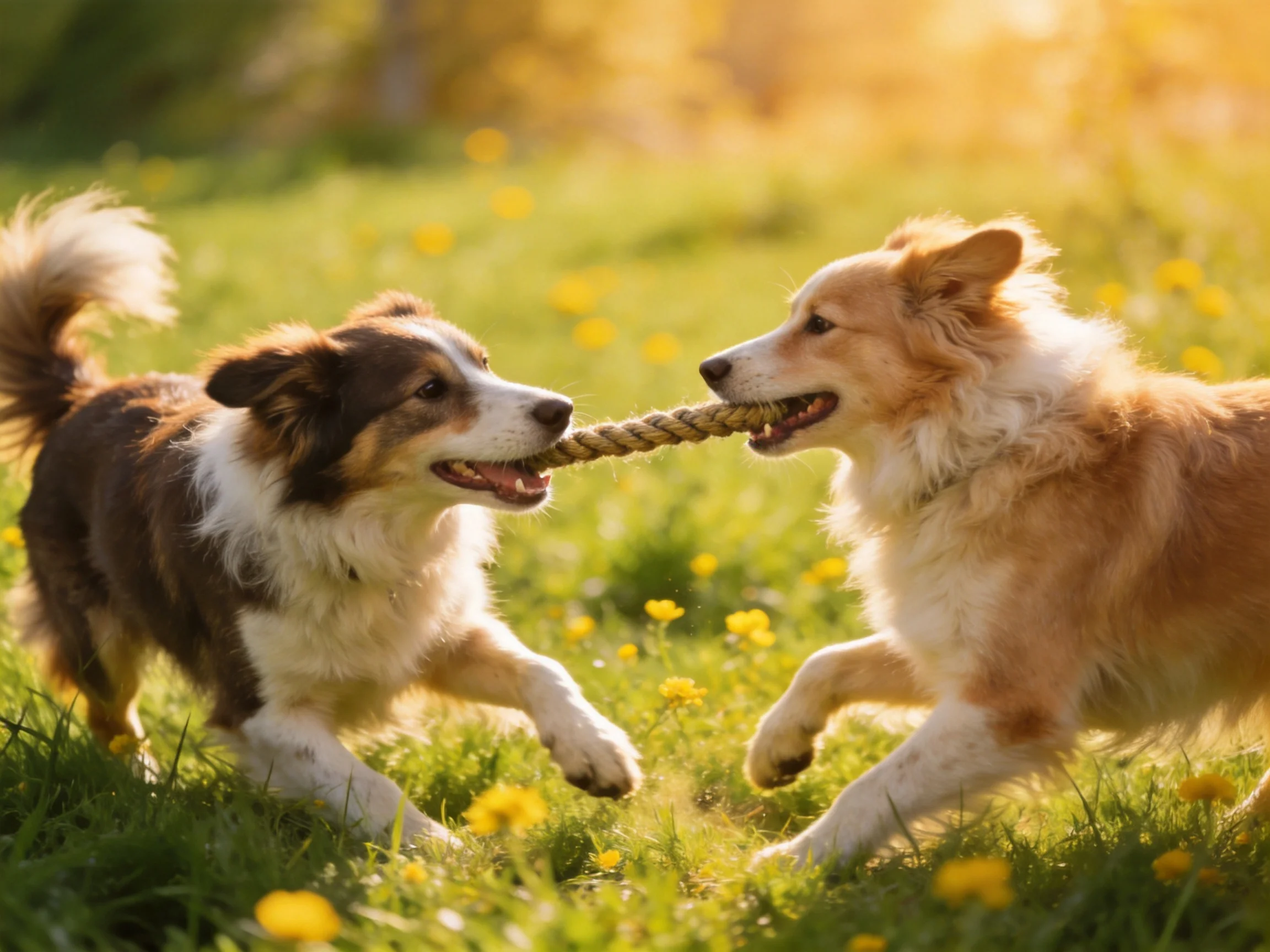Two dogs tugging a rope toy in a sunlit meadow with yellow flowers
