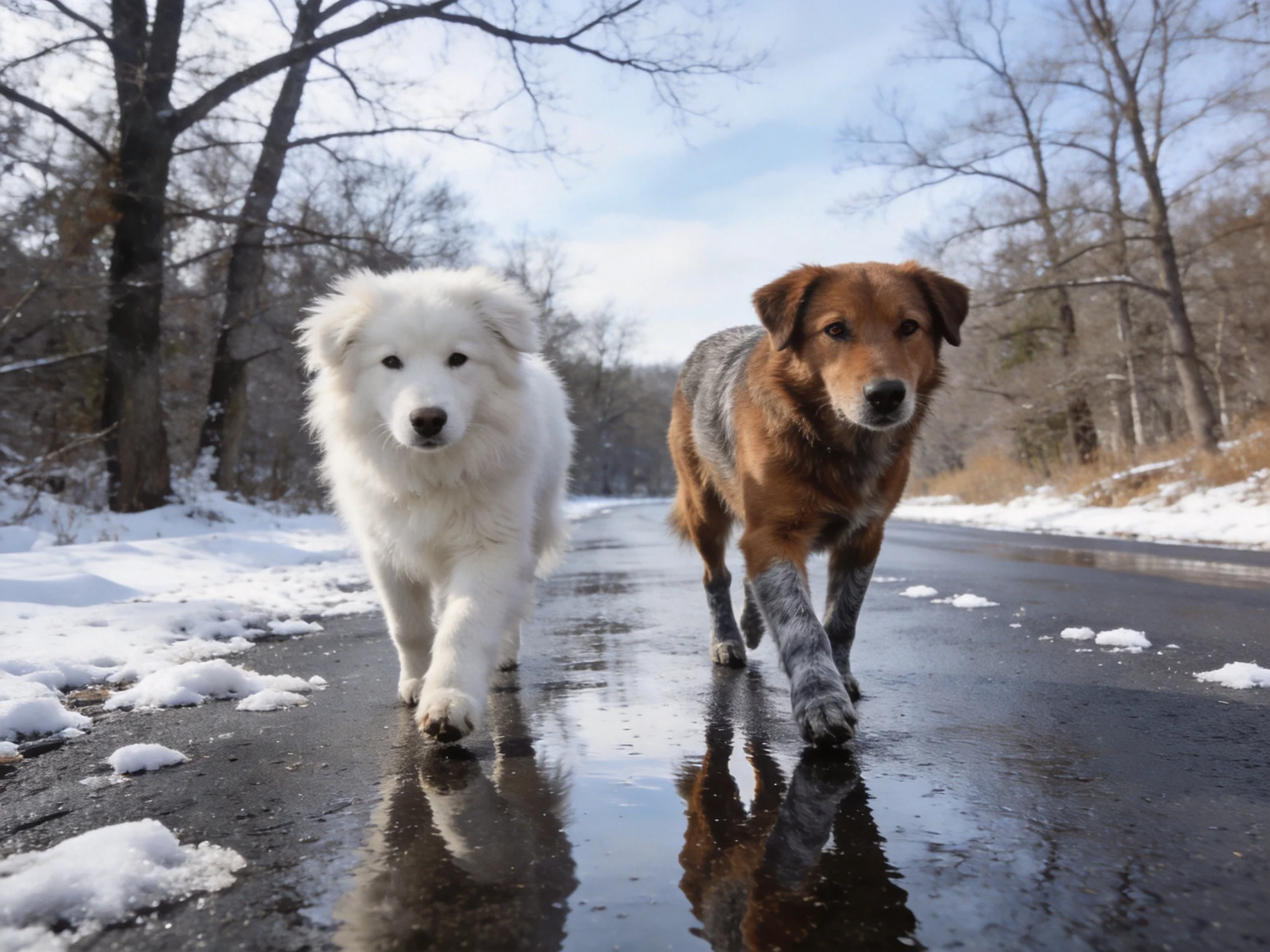 Two dogs walk along a snow-dusted wet road in winter