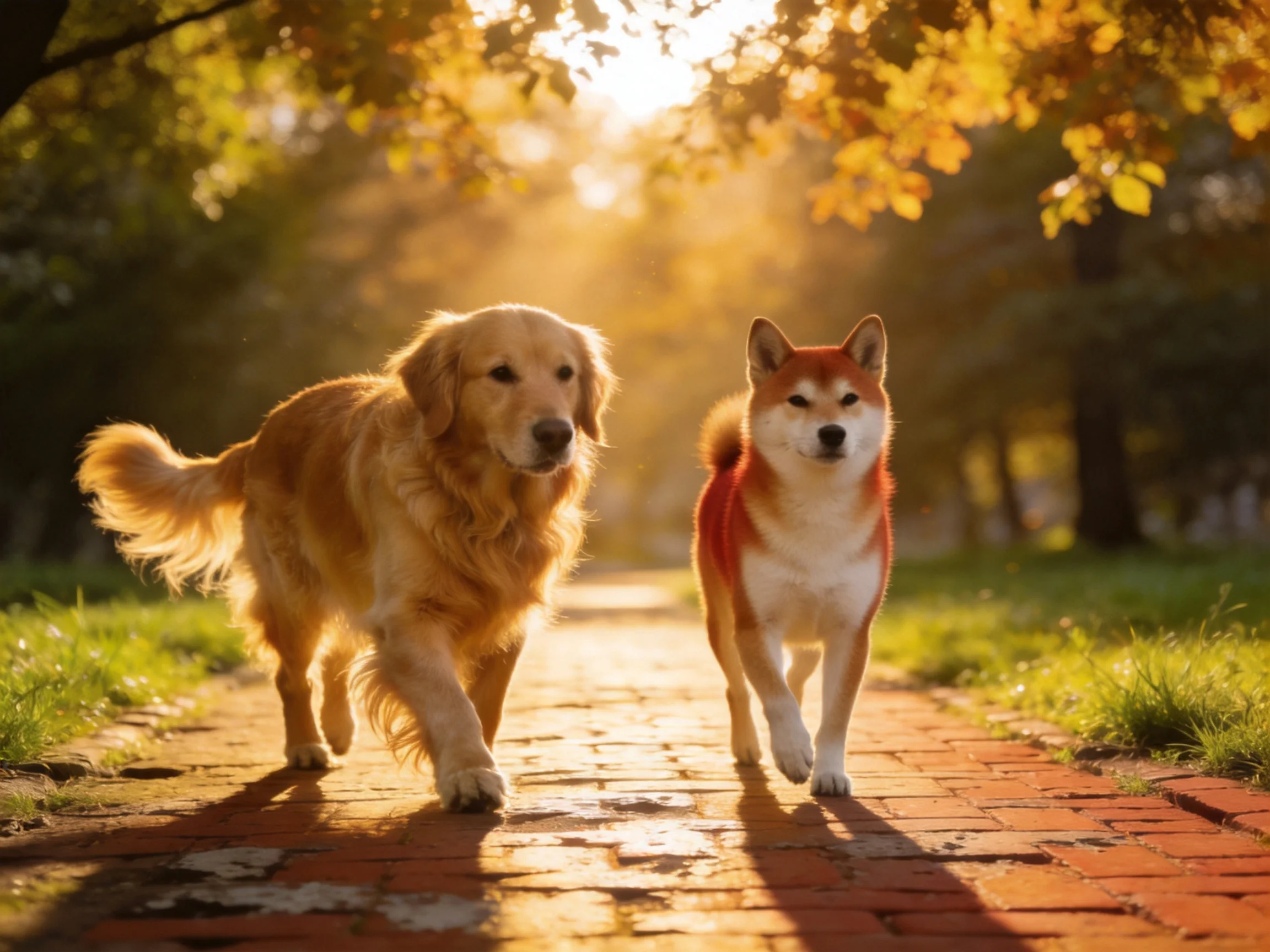 Two dogs walk along a sunlit brick path with golden foliage