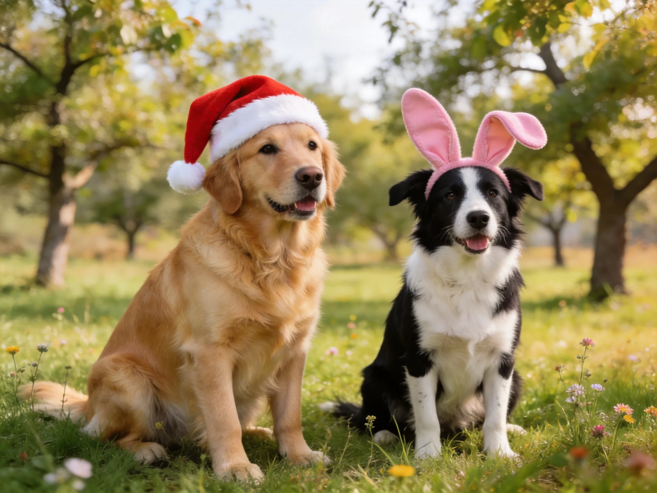 Two dogs wear festive hats in a sunlit orchard