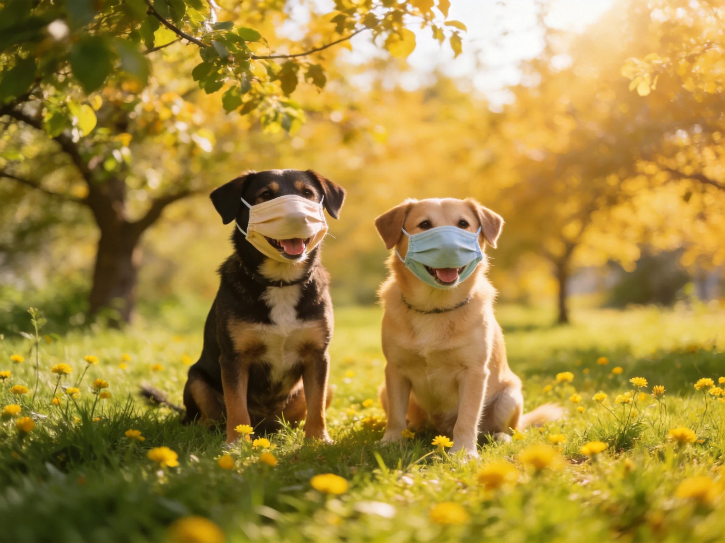 Two dogs wear masks amid yellow flowers in a sunlit park