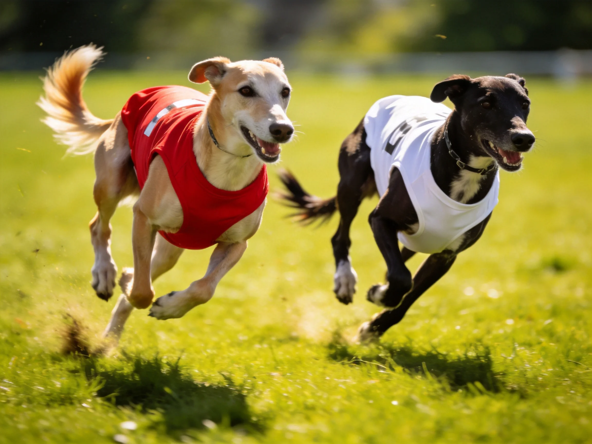 Two dogs wear red and white vests racing on green grass