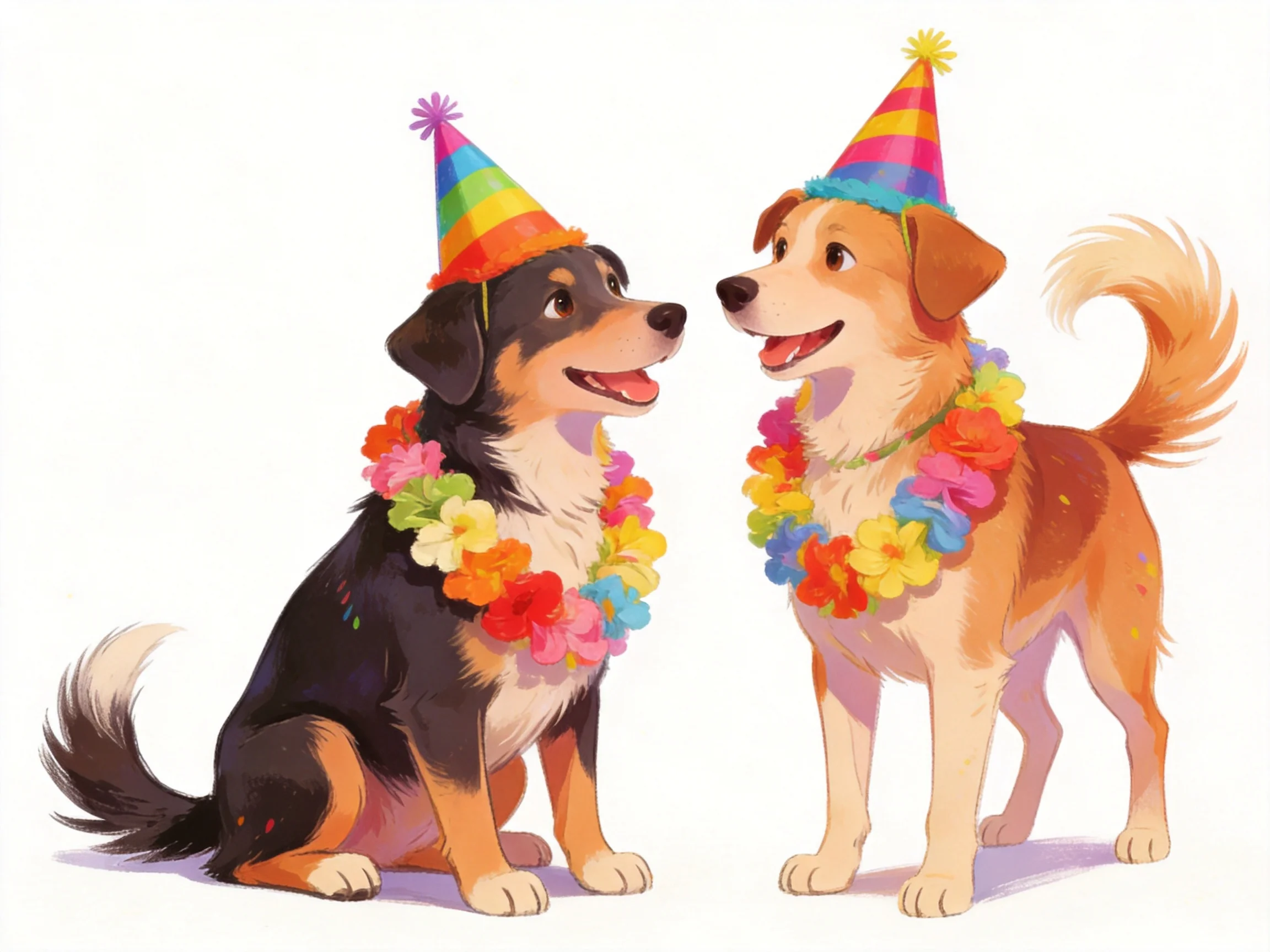 Two dogs with colorful party hats and flower garlands interact joyfully