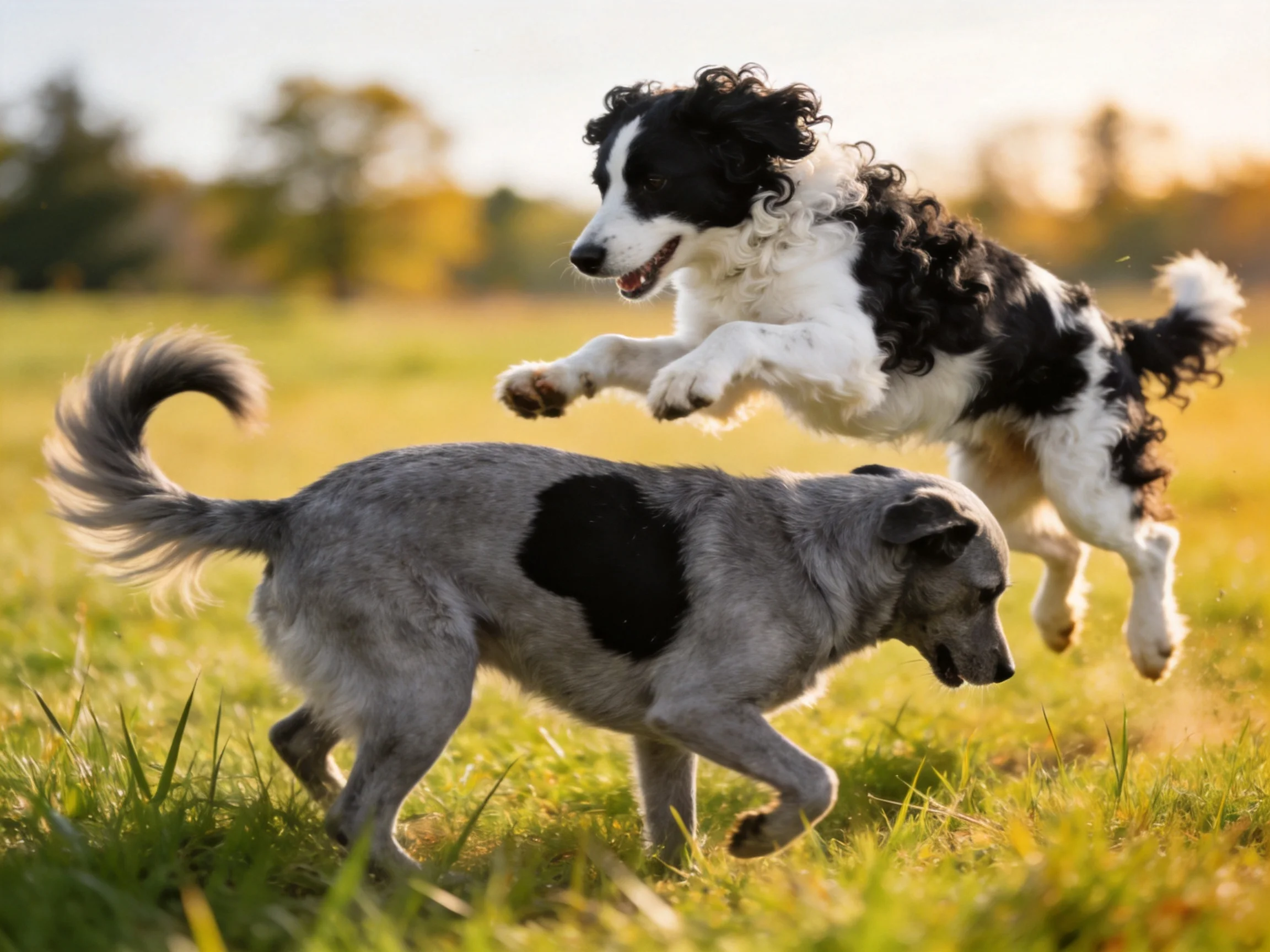 Two dogs with contrasting fur types play in a sunlit grassy field