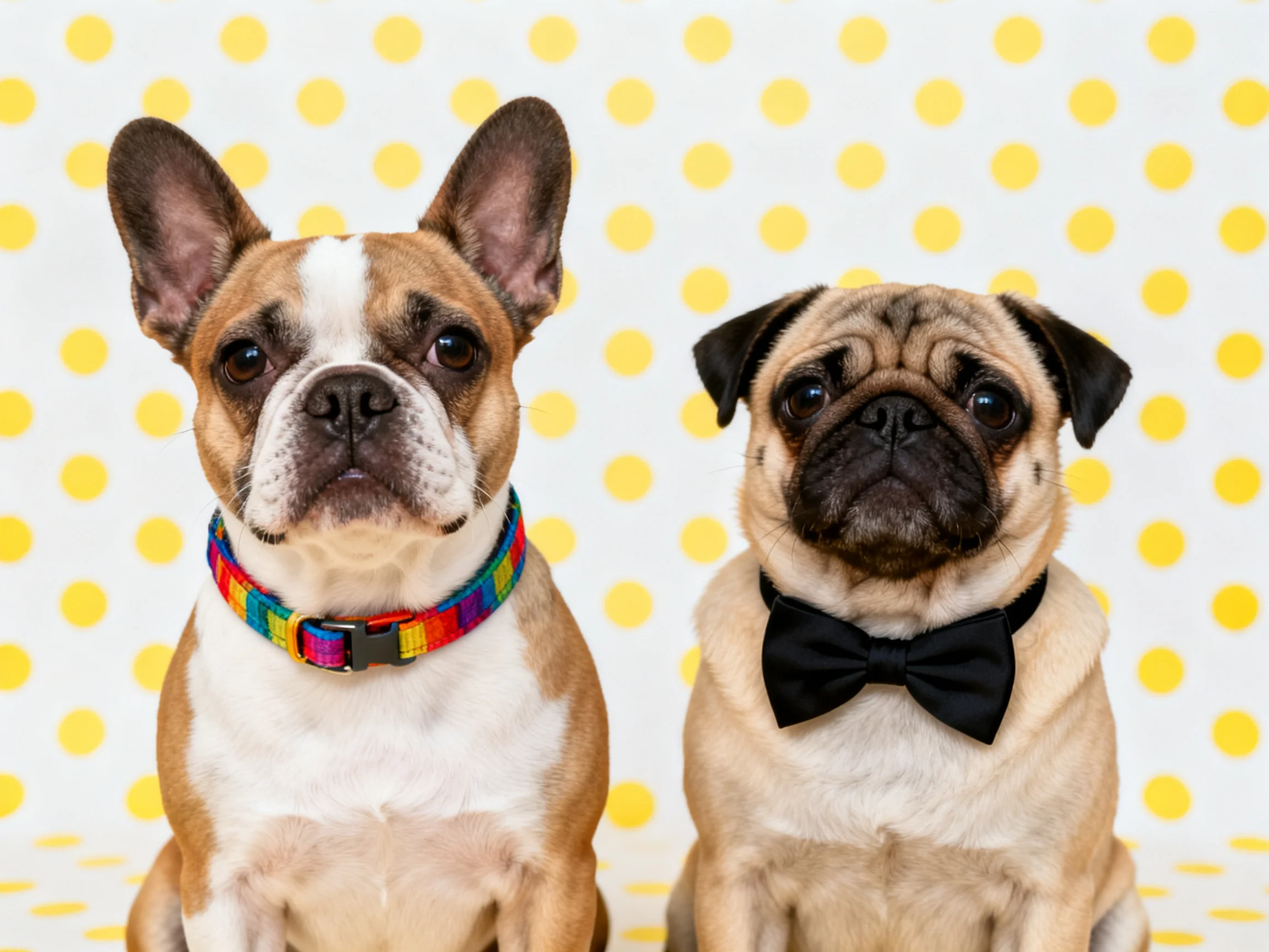 Two dogs with distinct accessories sit before a yellow polka-dot backdrop