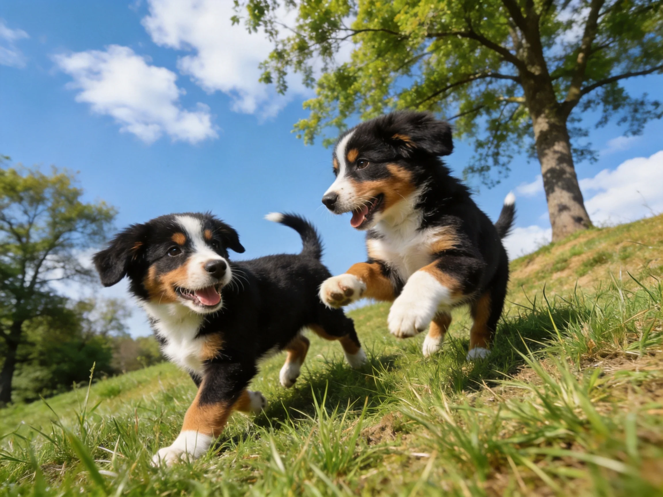 Two energetic tricolor puppies frolicking on a sunny grassy hill