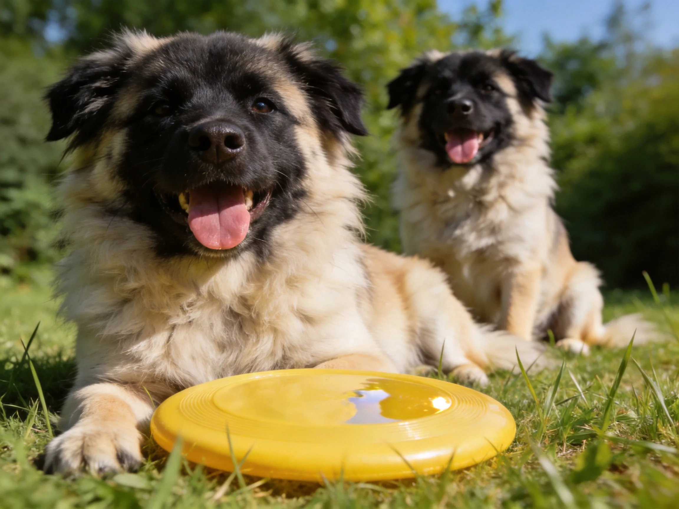 Two fluffy black-and-tan puppies rest near a bright yellow frisbee in a sunny park