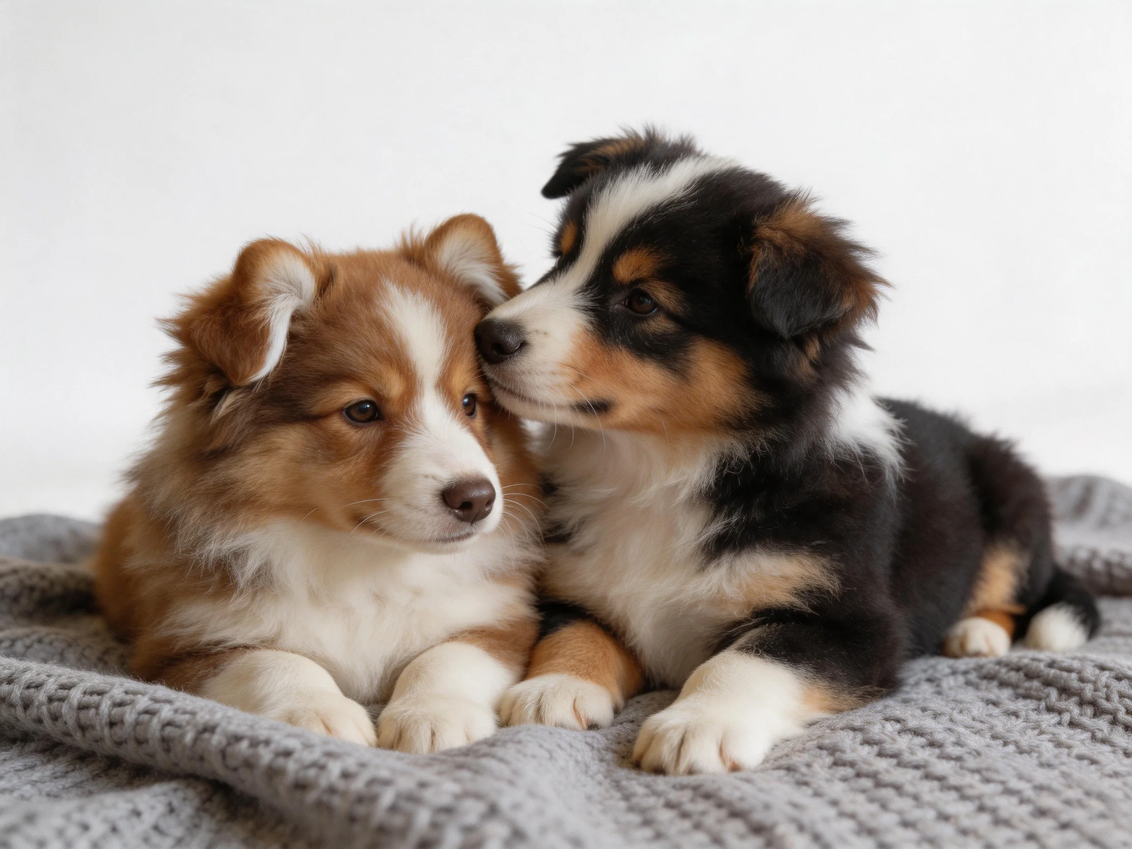Two fluffy puppies nuzzle together on a gray knitted blanket