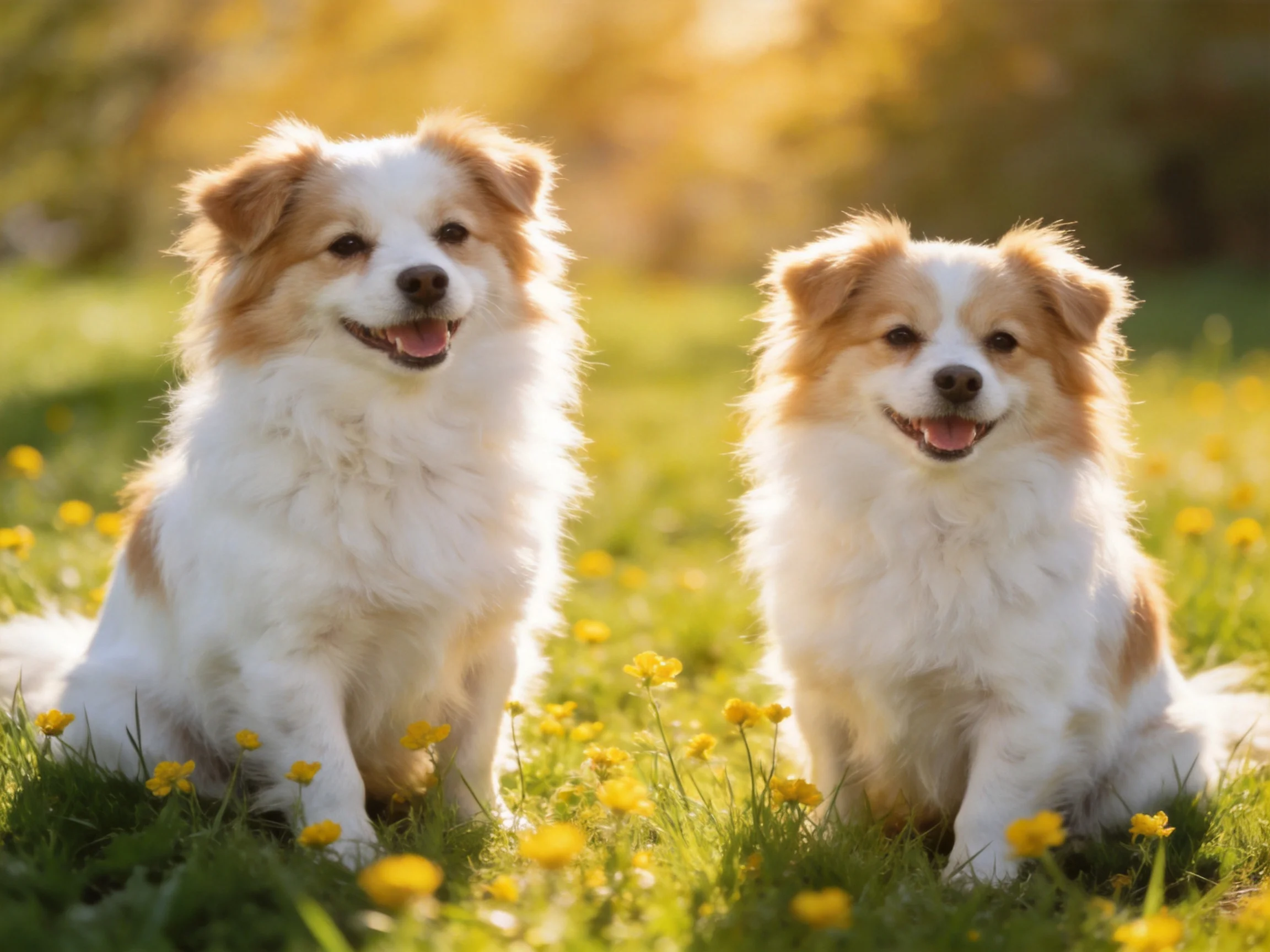Two fluffy white-brown dogs sit happily in a sunlit meadow with yellow flowers.