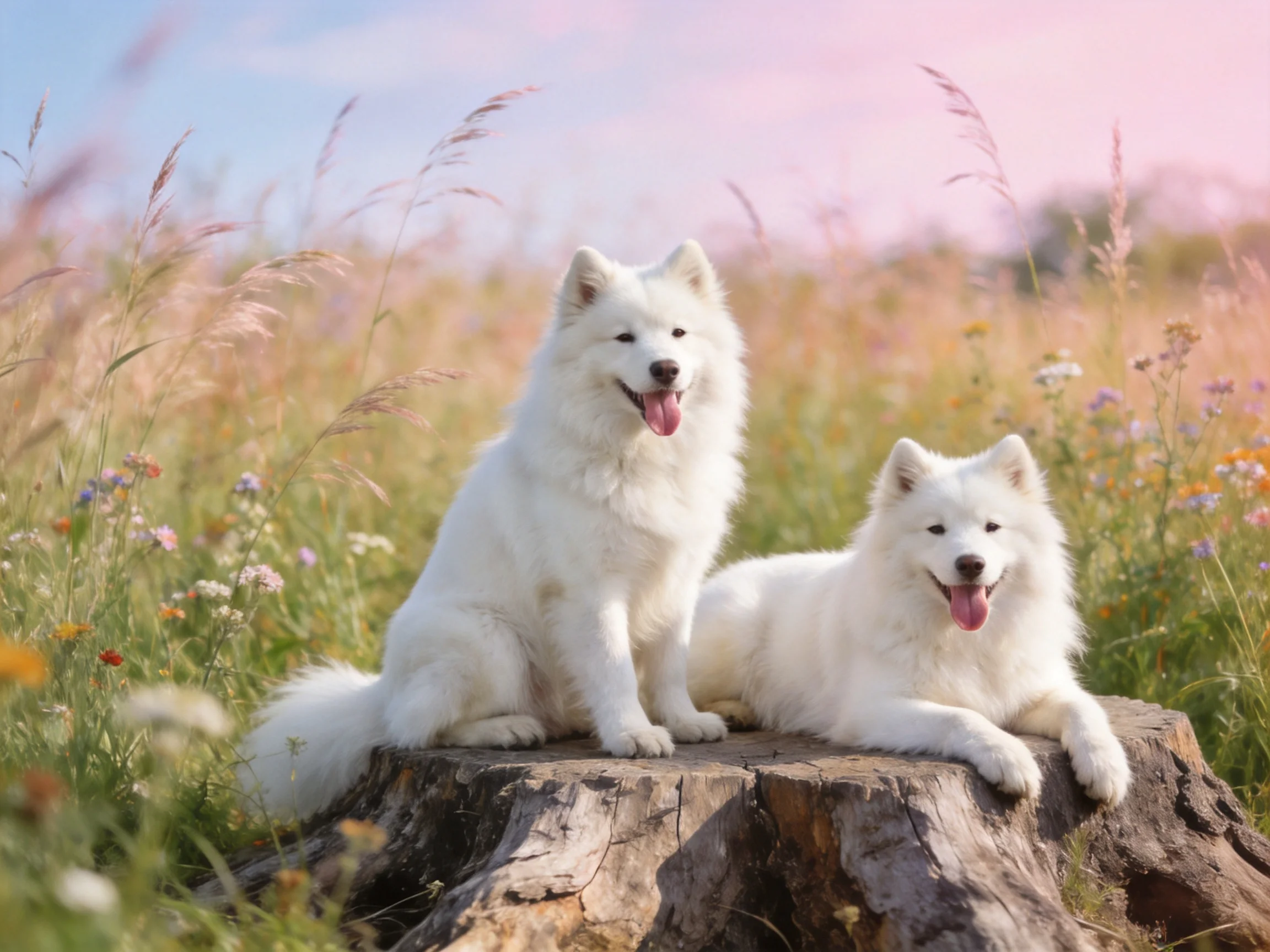 Two white dogs relax on a tree stump surrounded by a vibrant meadow of flowers.