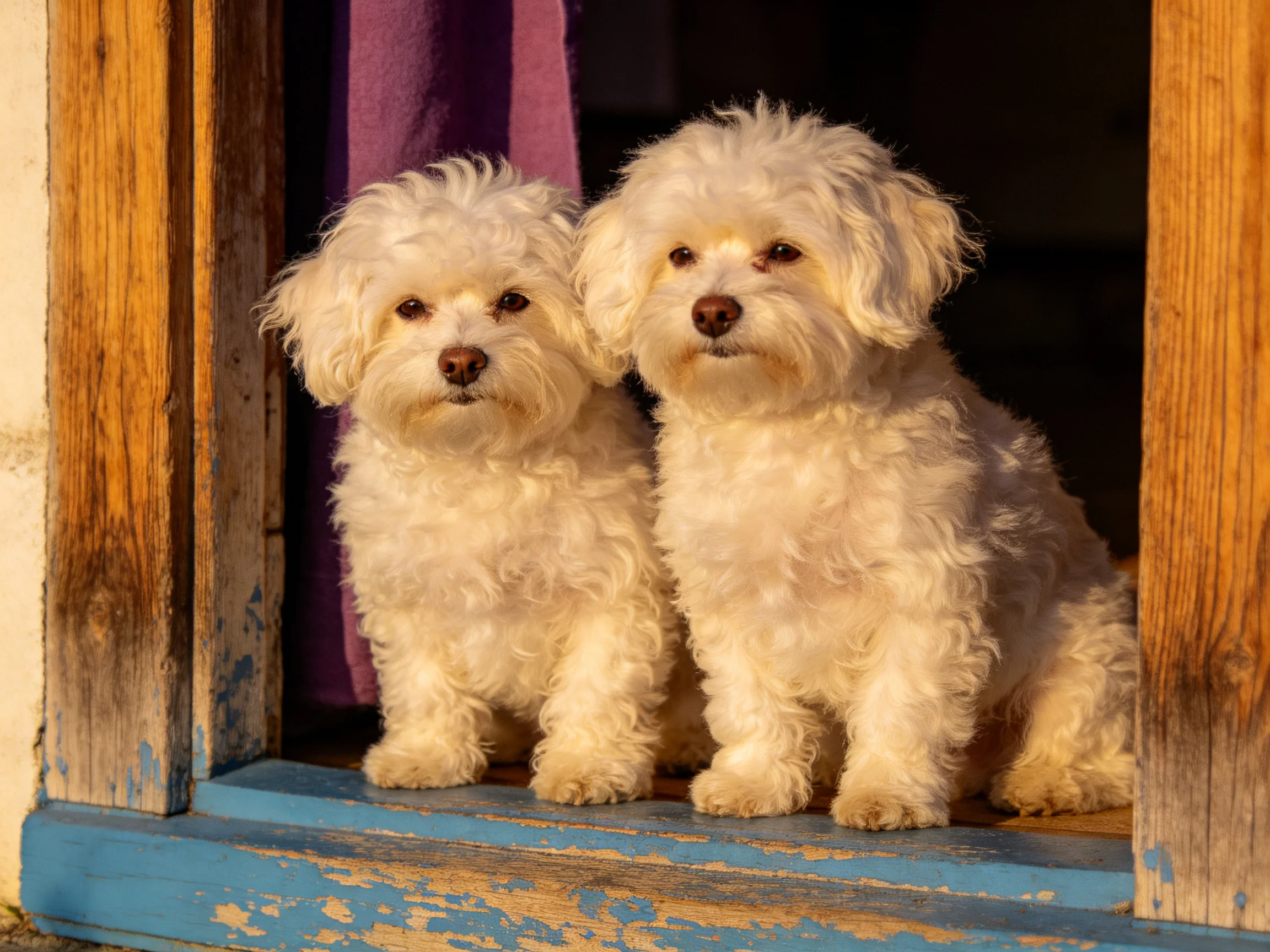 Two small white dogs sit near an old wooden window.