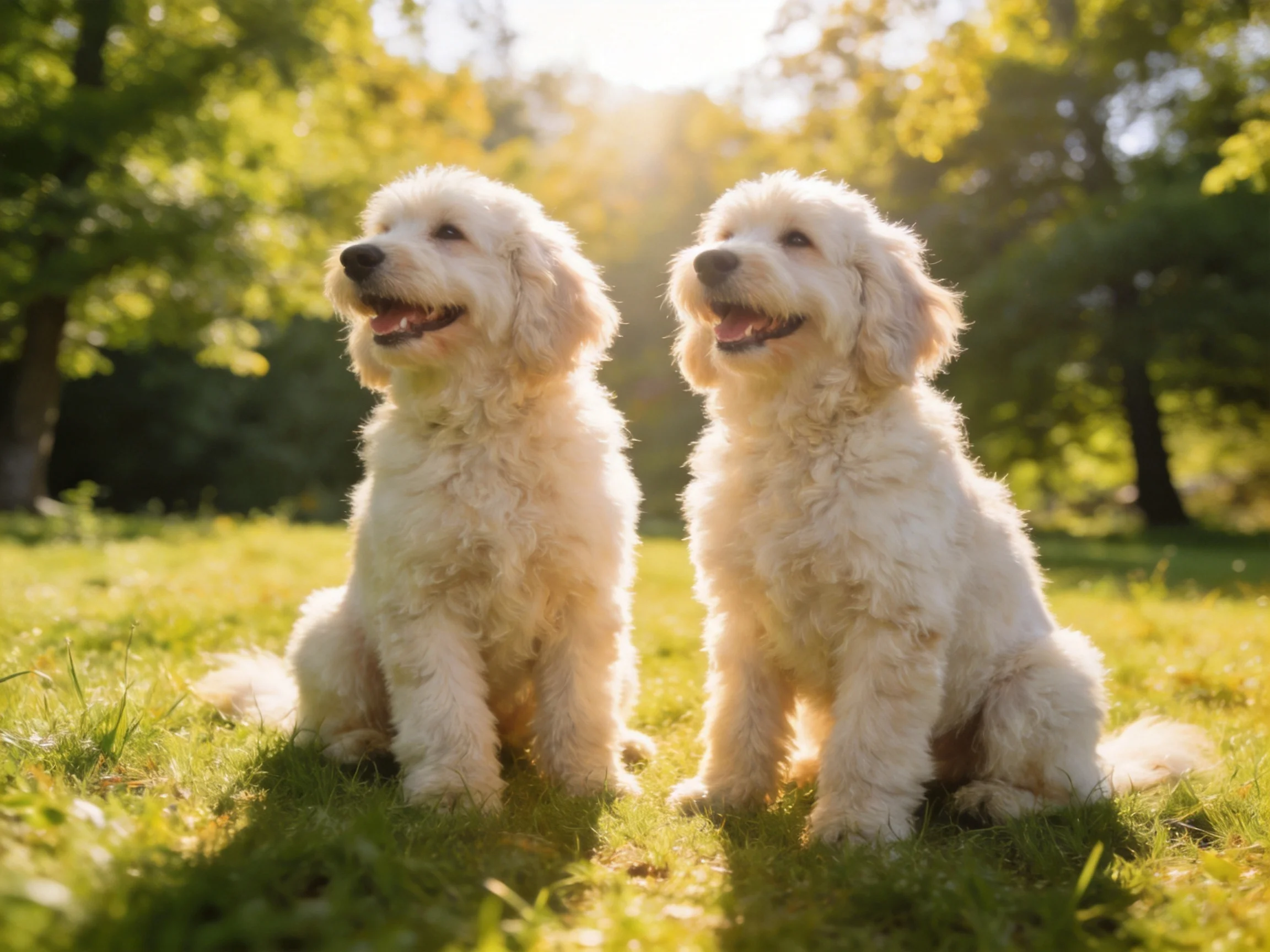 Two fluffy white dogs sit contentedly on a sunlit grassy field