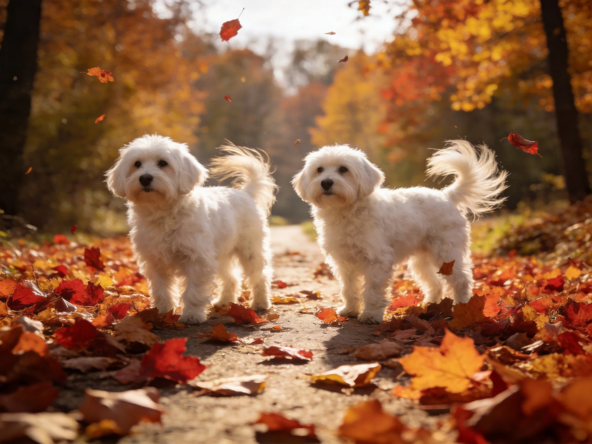 Two small white dogs walk on a path covered with autumn leaves.