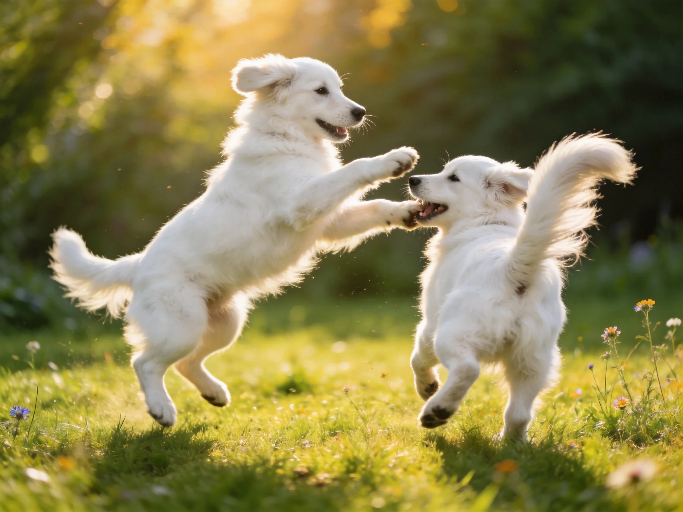 Two fluffy white puppies play energetically in a sunlit grassy field