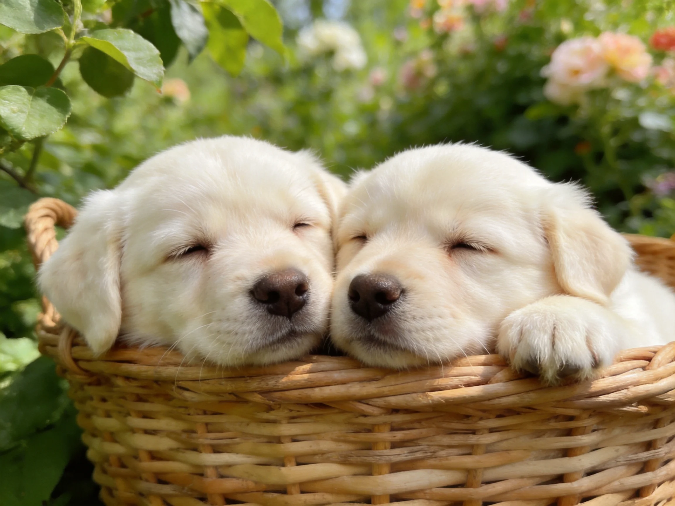 Two fluffy white puppies rest in a wicker basket among greenery and flowers