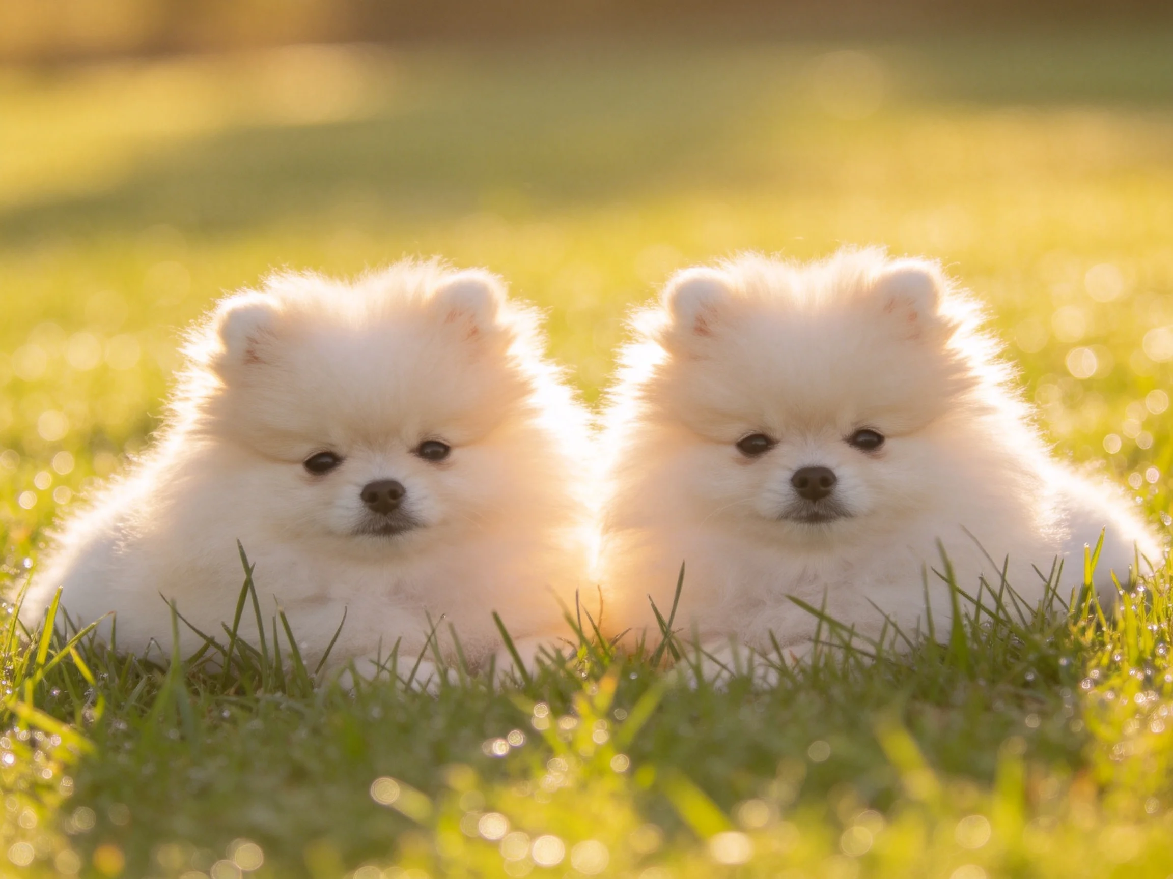 Two fluffy white puppies rest on sunlit green grass