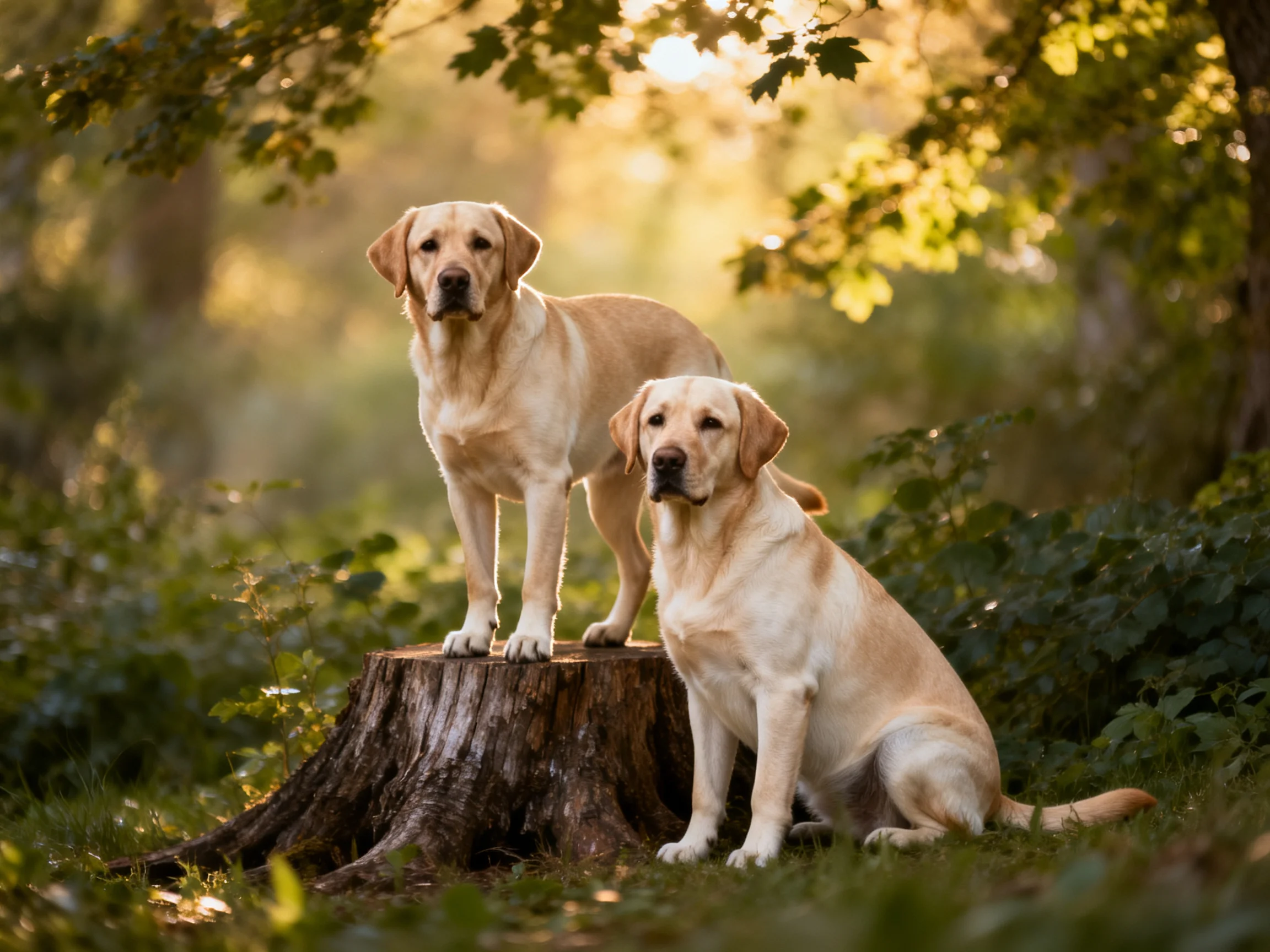 Two golden Labradors near a weathered tree stump in a sunlit forest