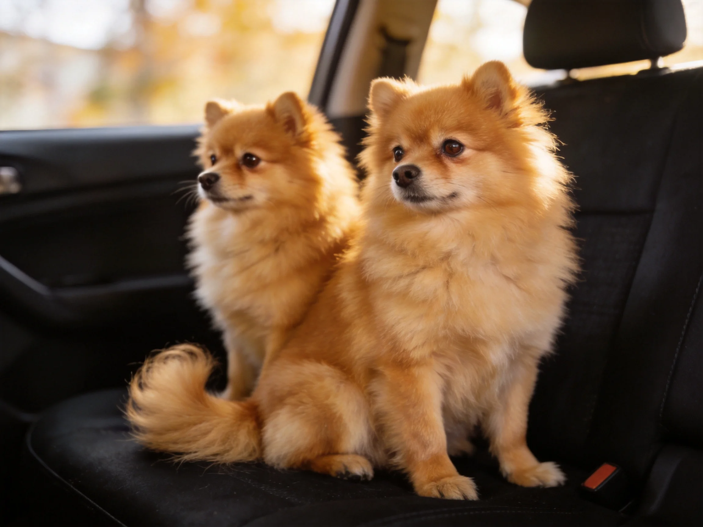 Two golden Pomeranians sit in a cars front seat area