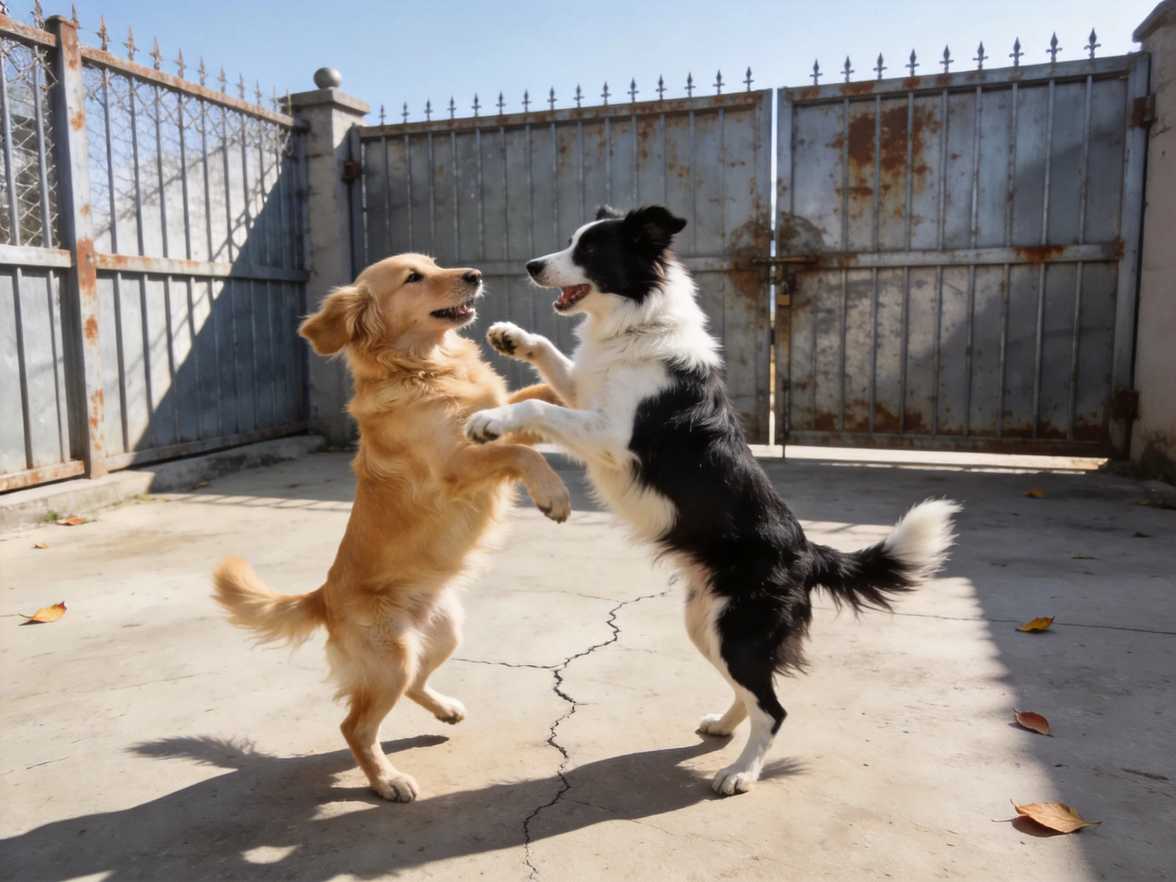 Two dogs play together in front of a weathered metal fence.