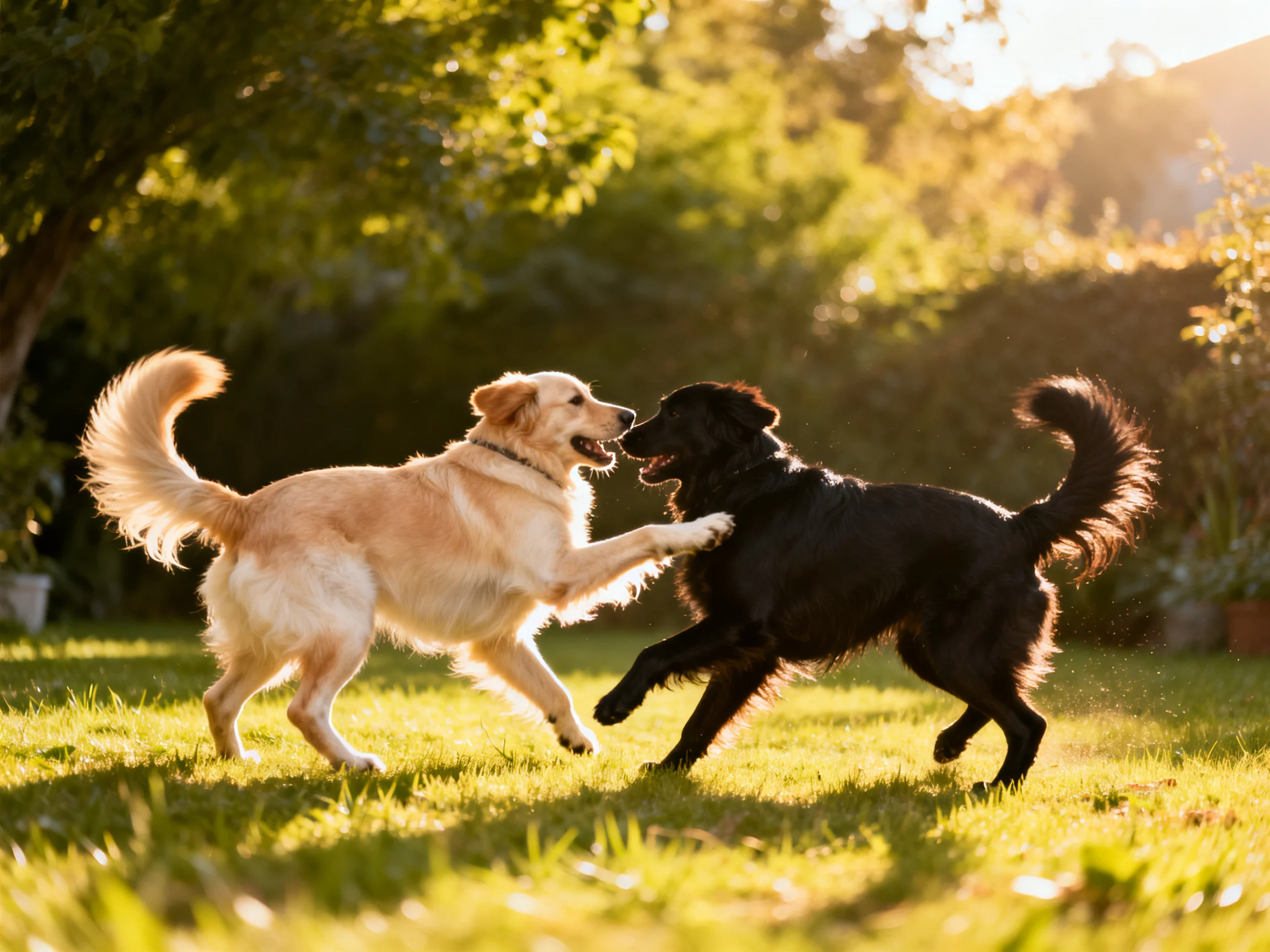 Two golden and black dogs play energetically in a sunlit garden