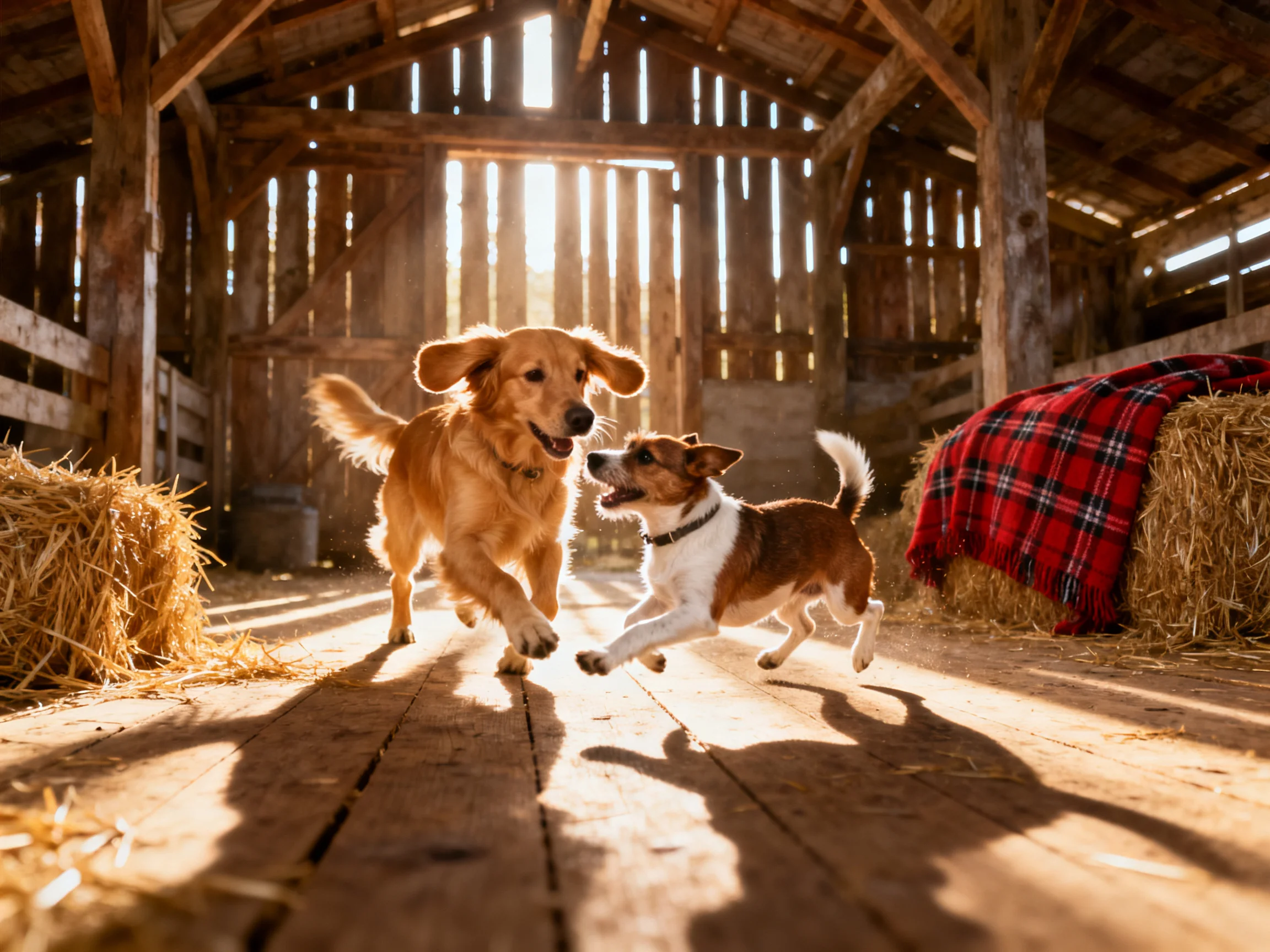 Two golden and brown dogs play in a sunlit wooden barn with hay bales
