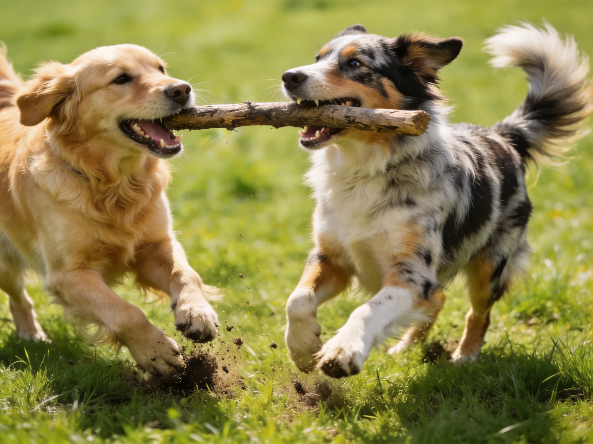 Two dogs fight over a stick while running on grass.