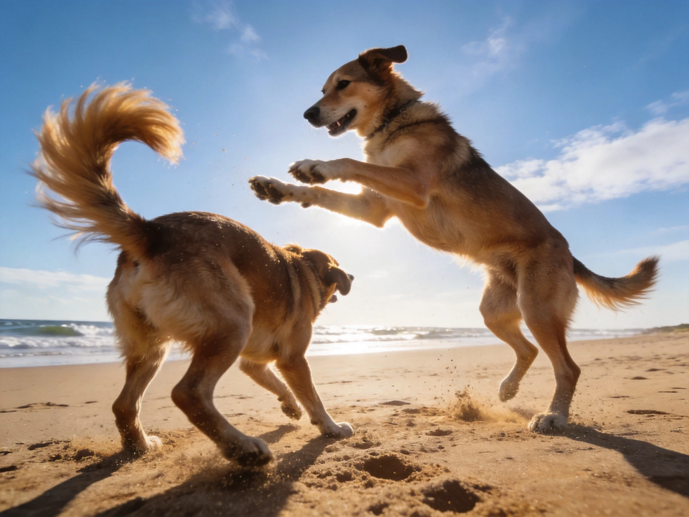 Two golden-brown dogs playfully interacting on a sunny sandy beach