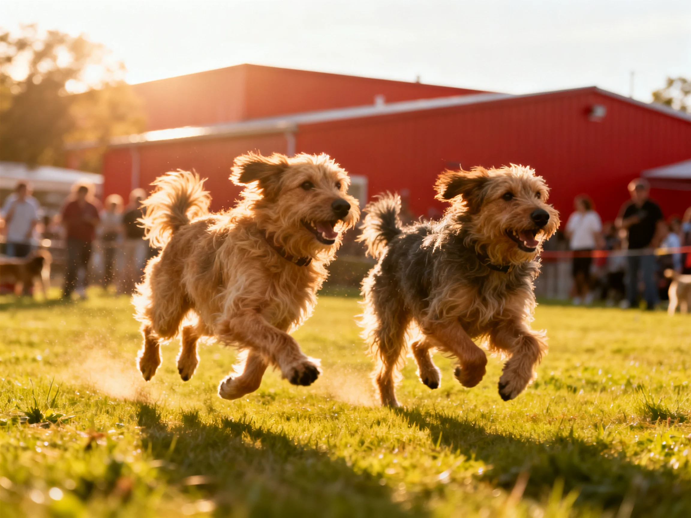 Two golden-brown dogs sprinting near a bright red barn