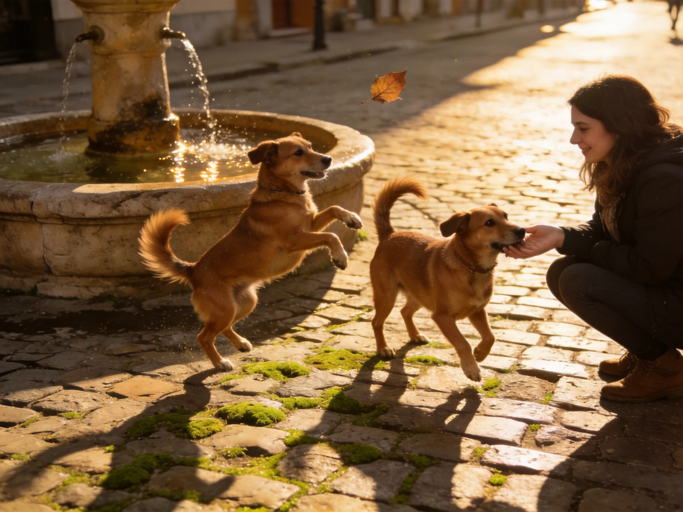 Two golden dogs play near a weathered stone fountain on cobblestones.