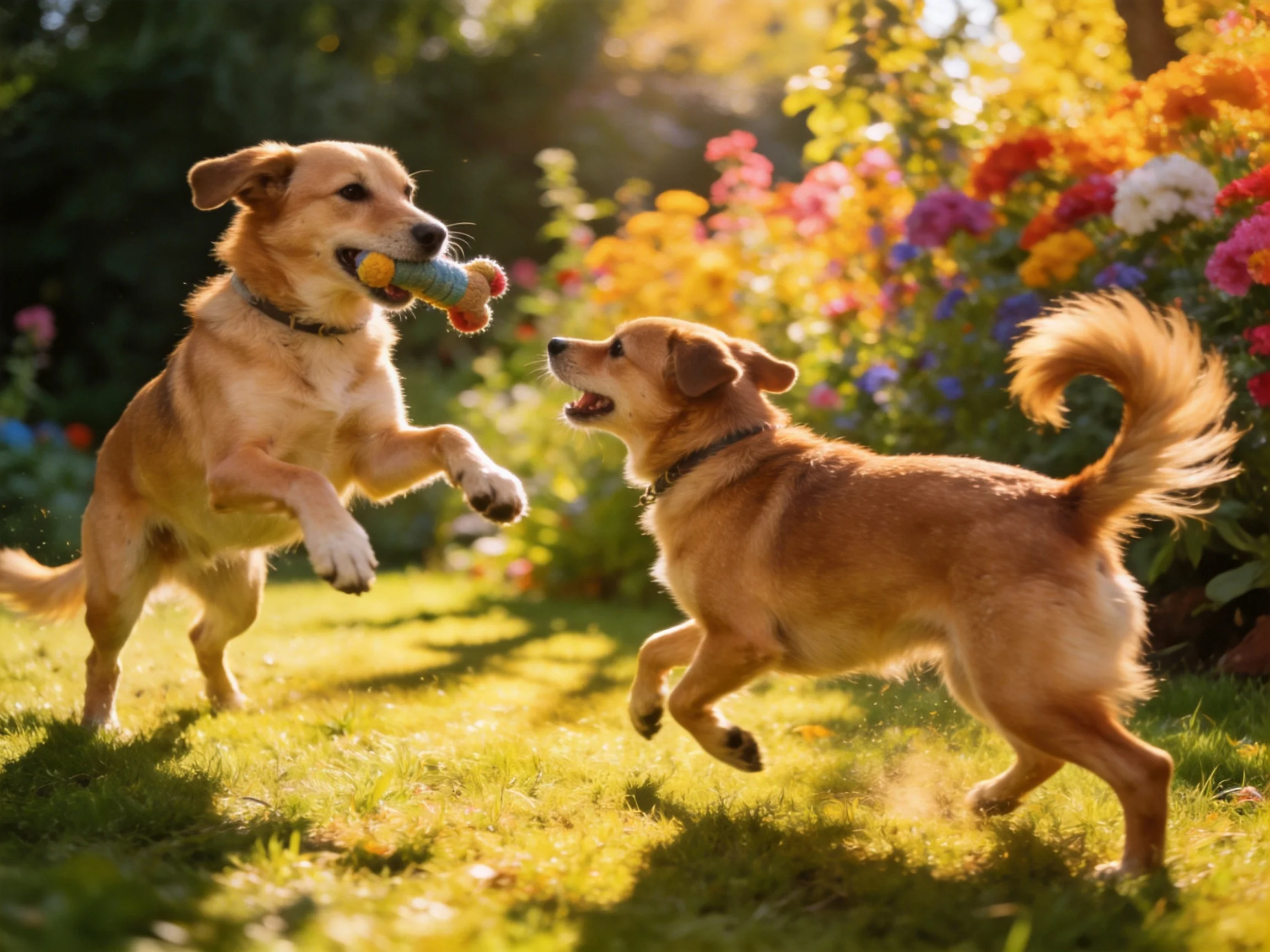 Two golden dogs play with a toy amid colorful flower beds