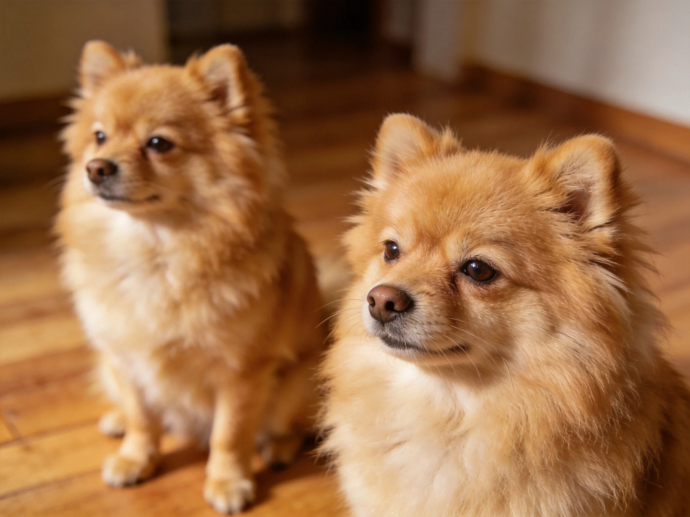 Two golden-furred Pomeranians sit calmly on a wooden floor.