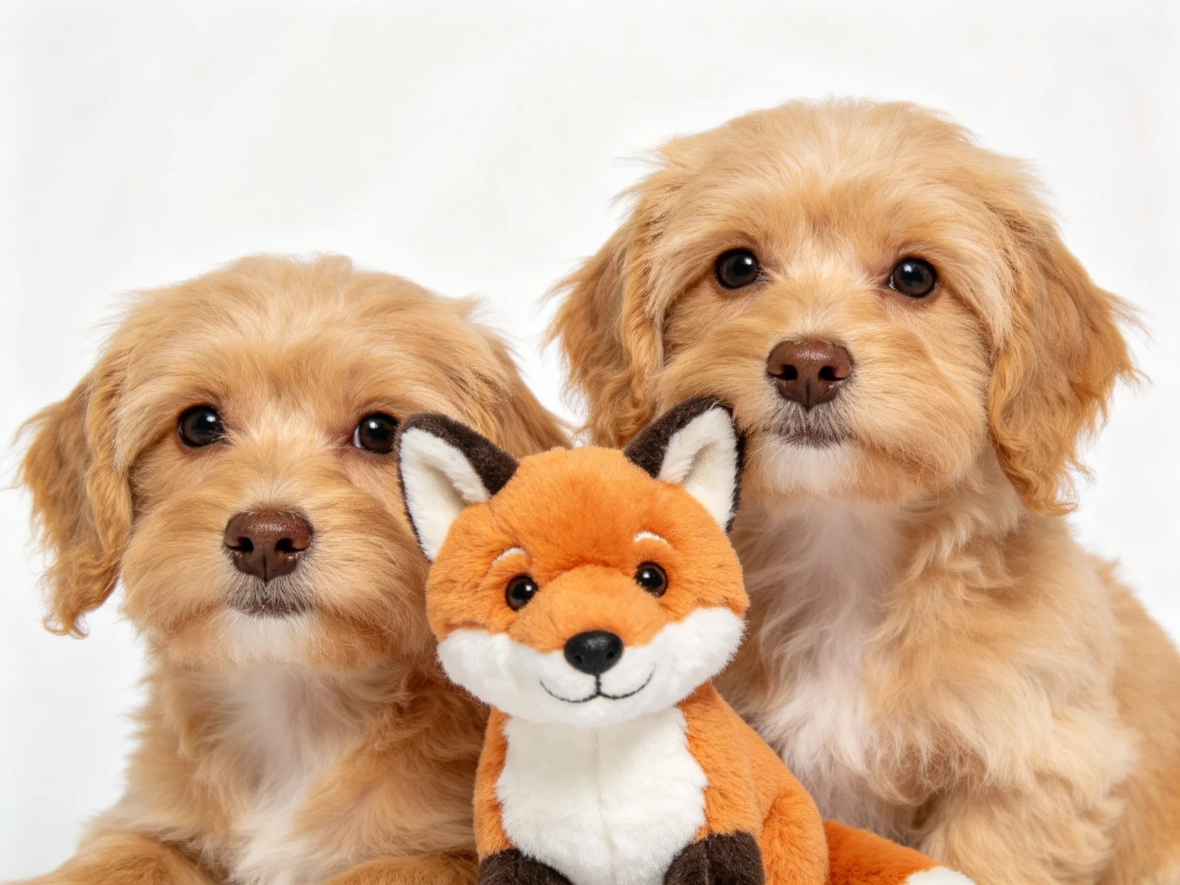 Two golden-haired puppies sit next to an orange fox plush toy
