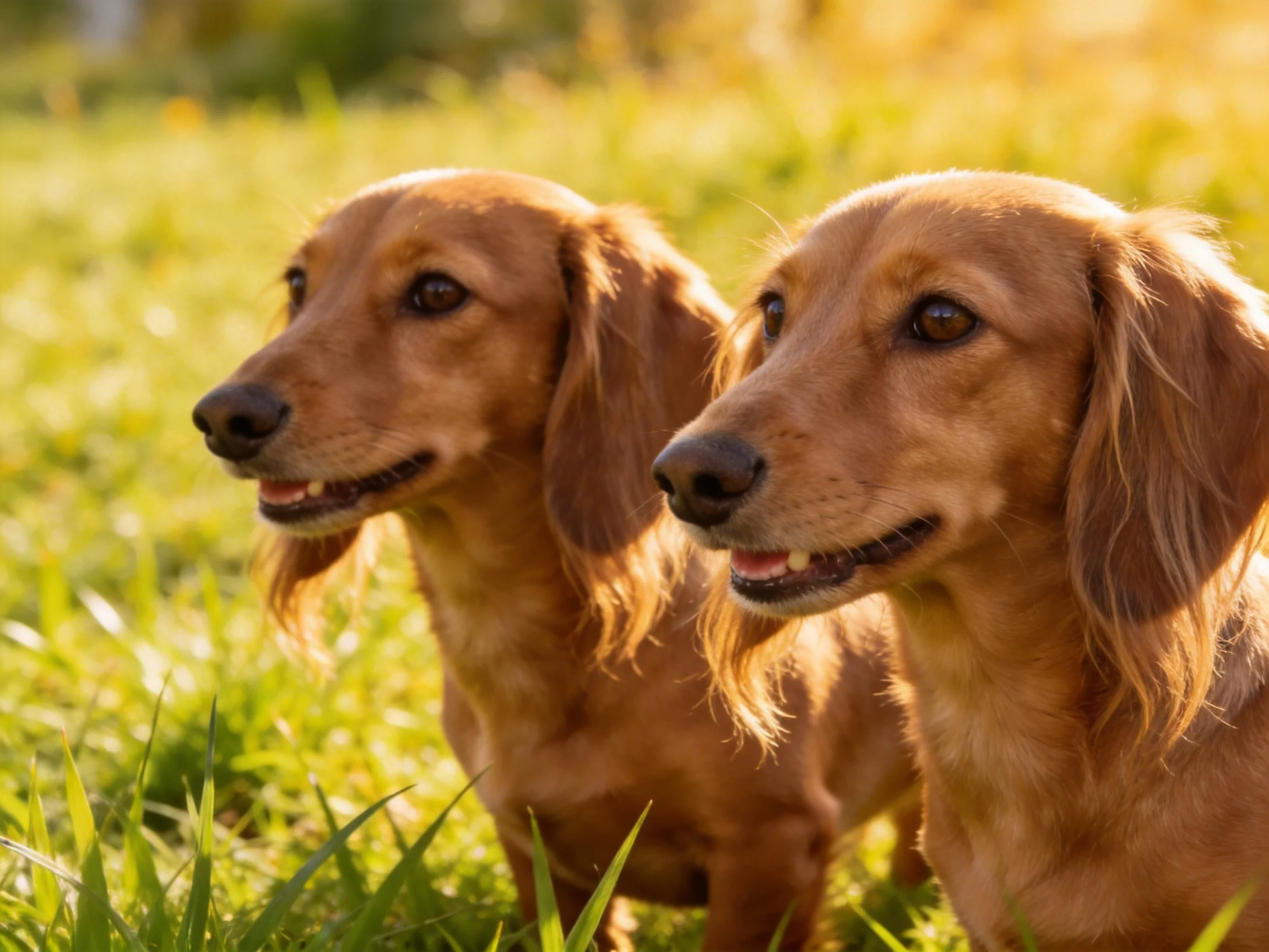 Two golden longhaired dogs stand together in sunlit grass.