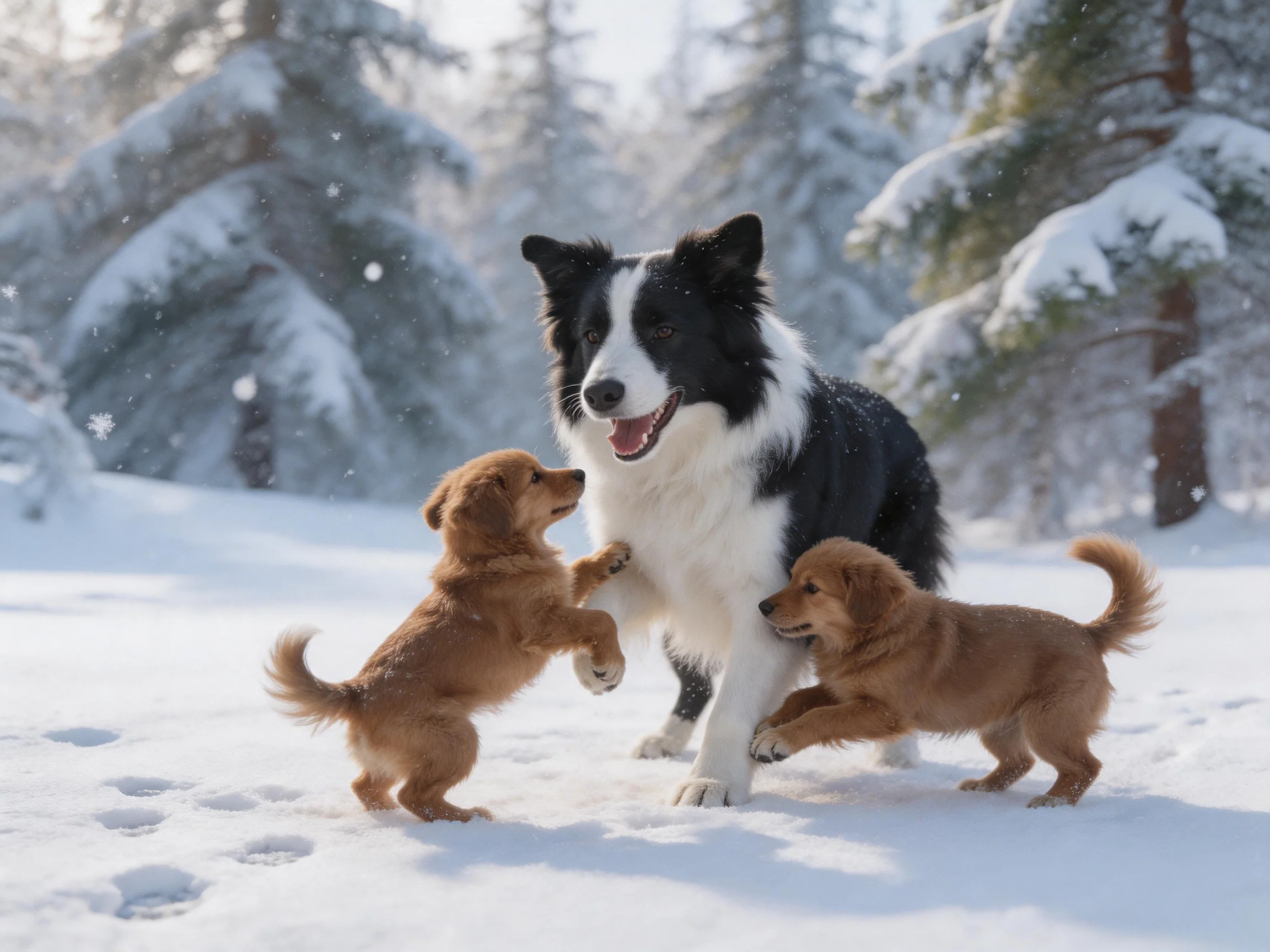 Two golden puppies and a black-and-white dog play in a snowy forest