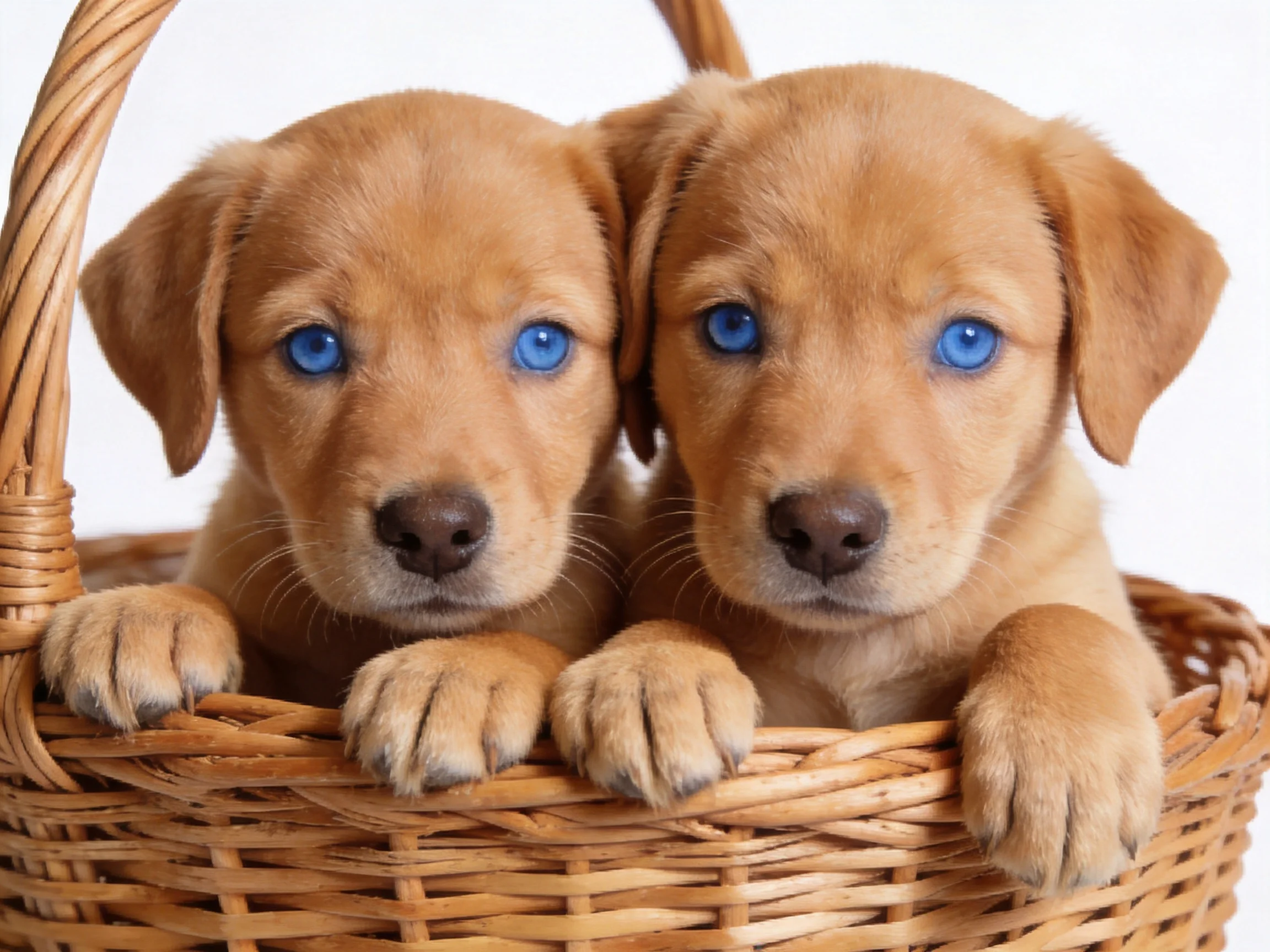 Two golden puppies sit in a wicker basket looking outward
