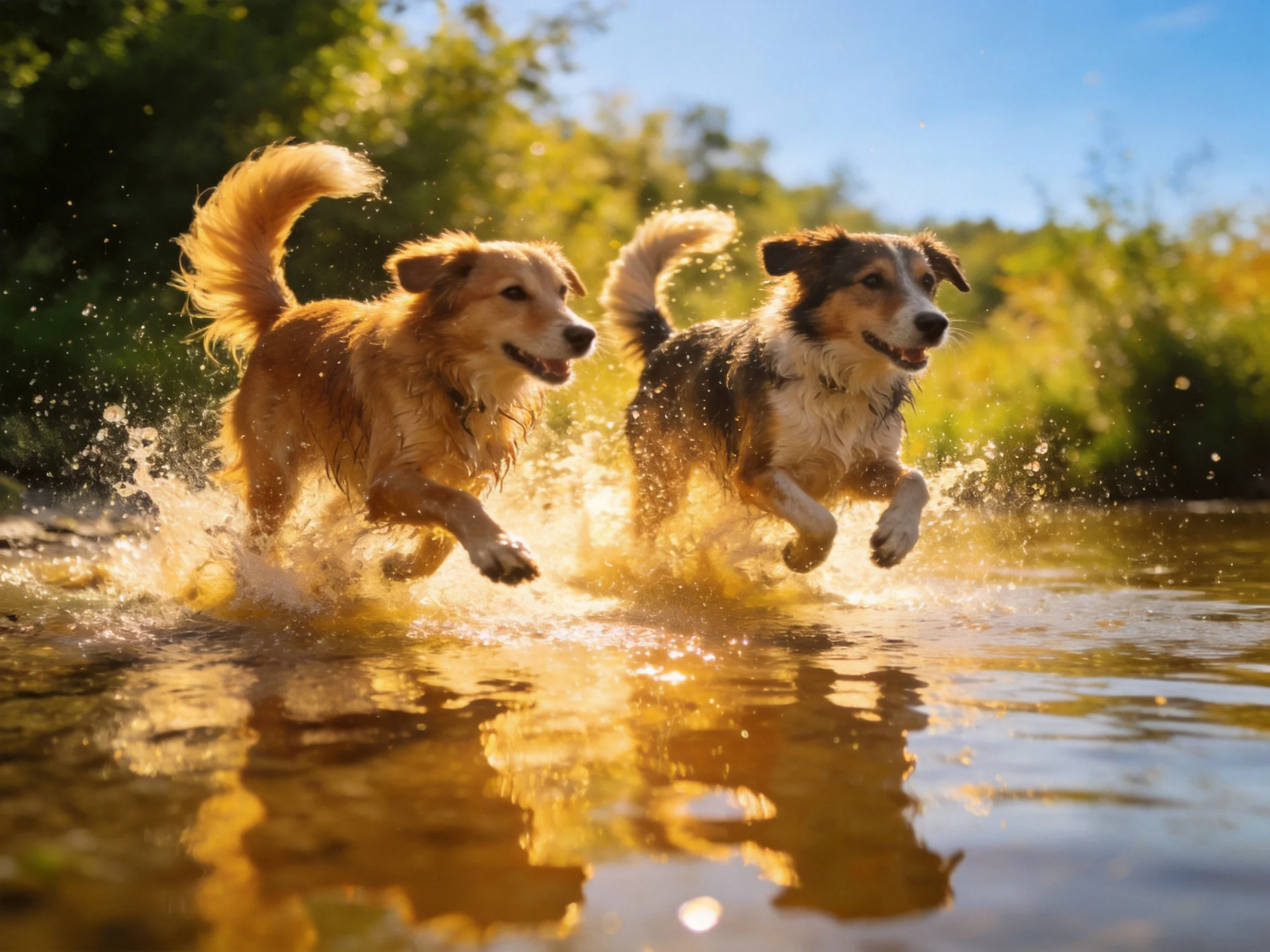 Two golden retriever mixes dash through shallow water in bright daylight.